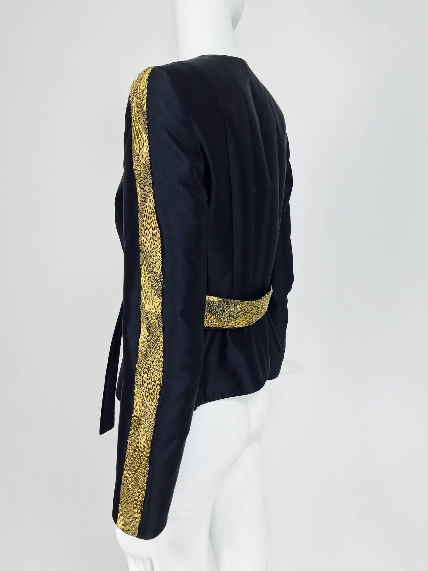 Rena Lange black wool and silk jacket with heavy gold cord embroidery  1