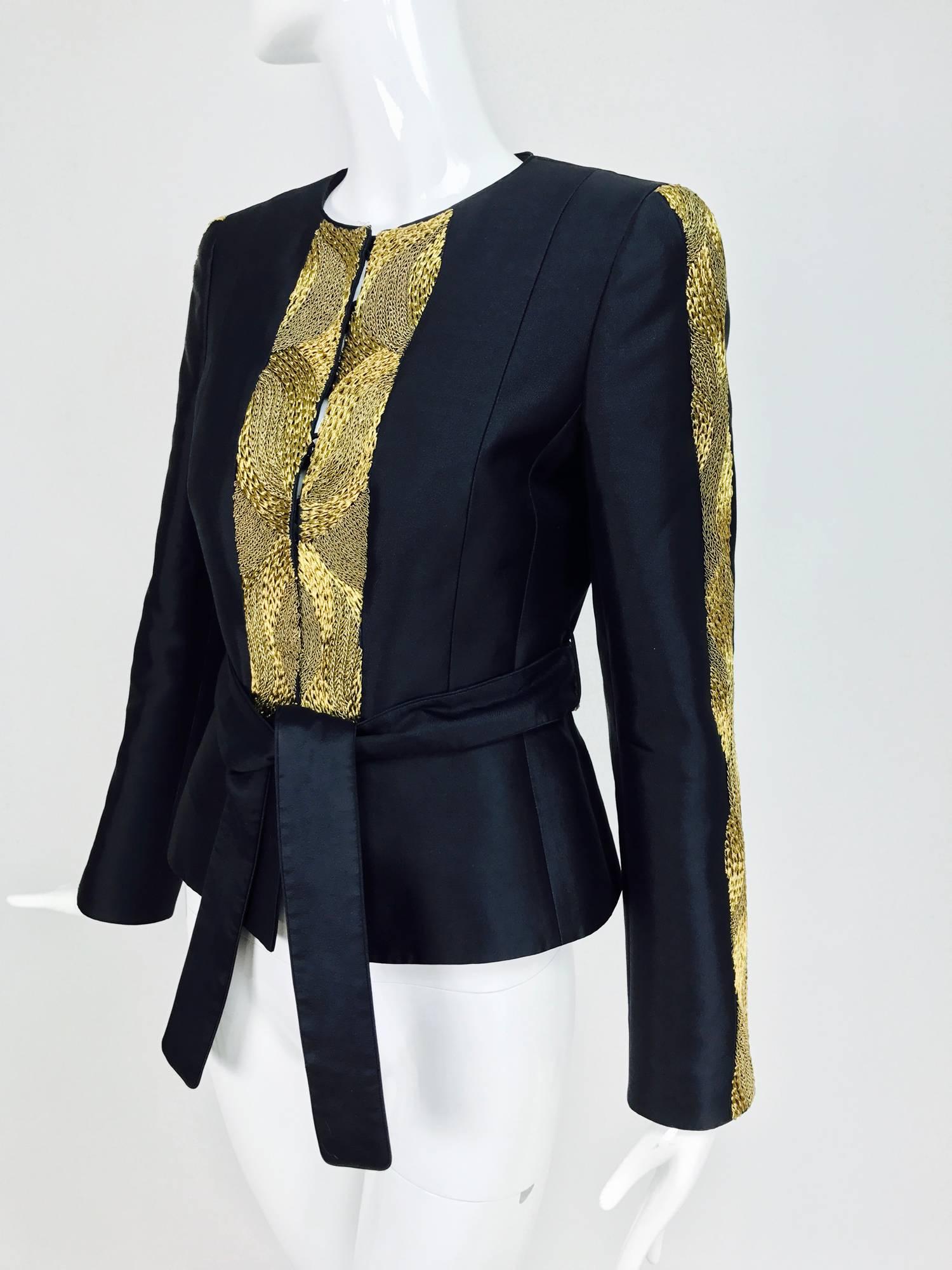 Rena Lange black wool and silk jacket with heavy gold cord embroidery  2