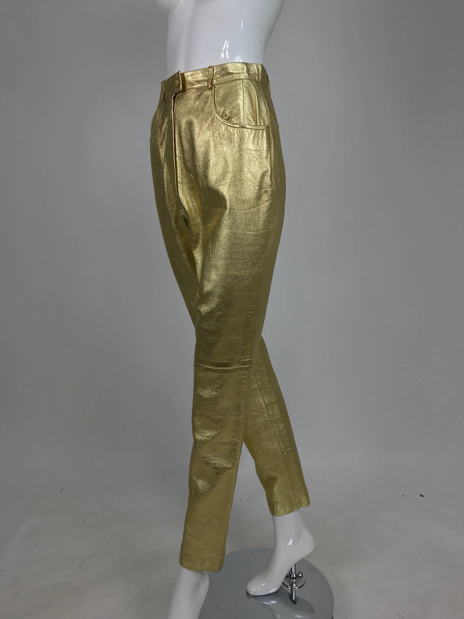 Brown Vintage Ferragamo soft gold leather jeans style trousers 1980s