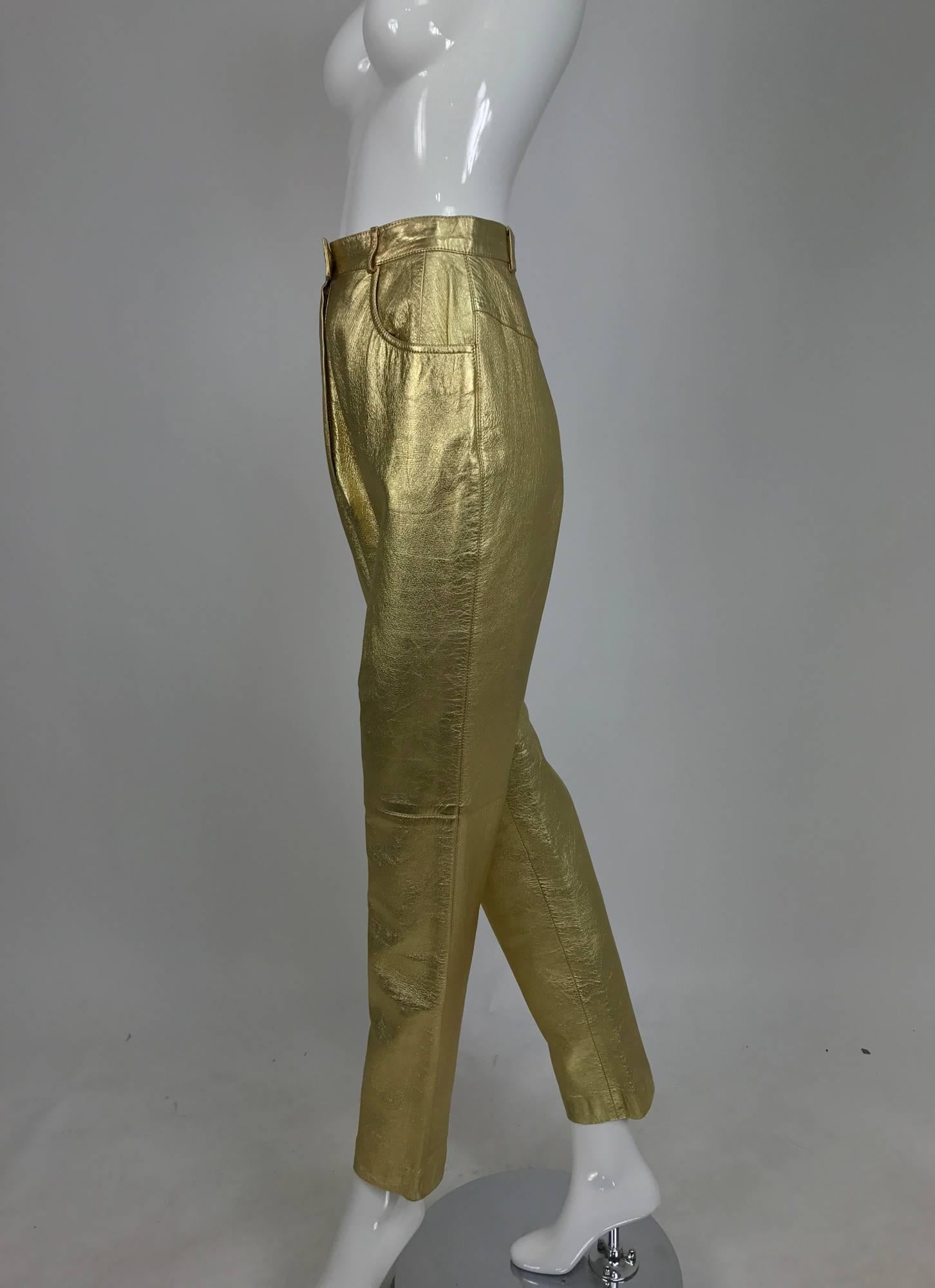 Vintage Ferragamo soft gold leather jeans style trousers 1980s In Excellent Condition In West Palm Beach, FL