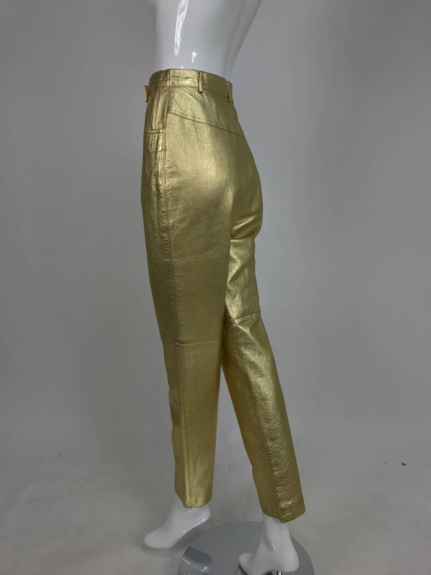 Women's Vintage Ferragamo soft gold leather jeans style trousers 1980s