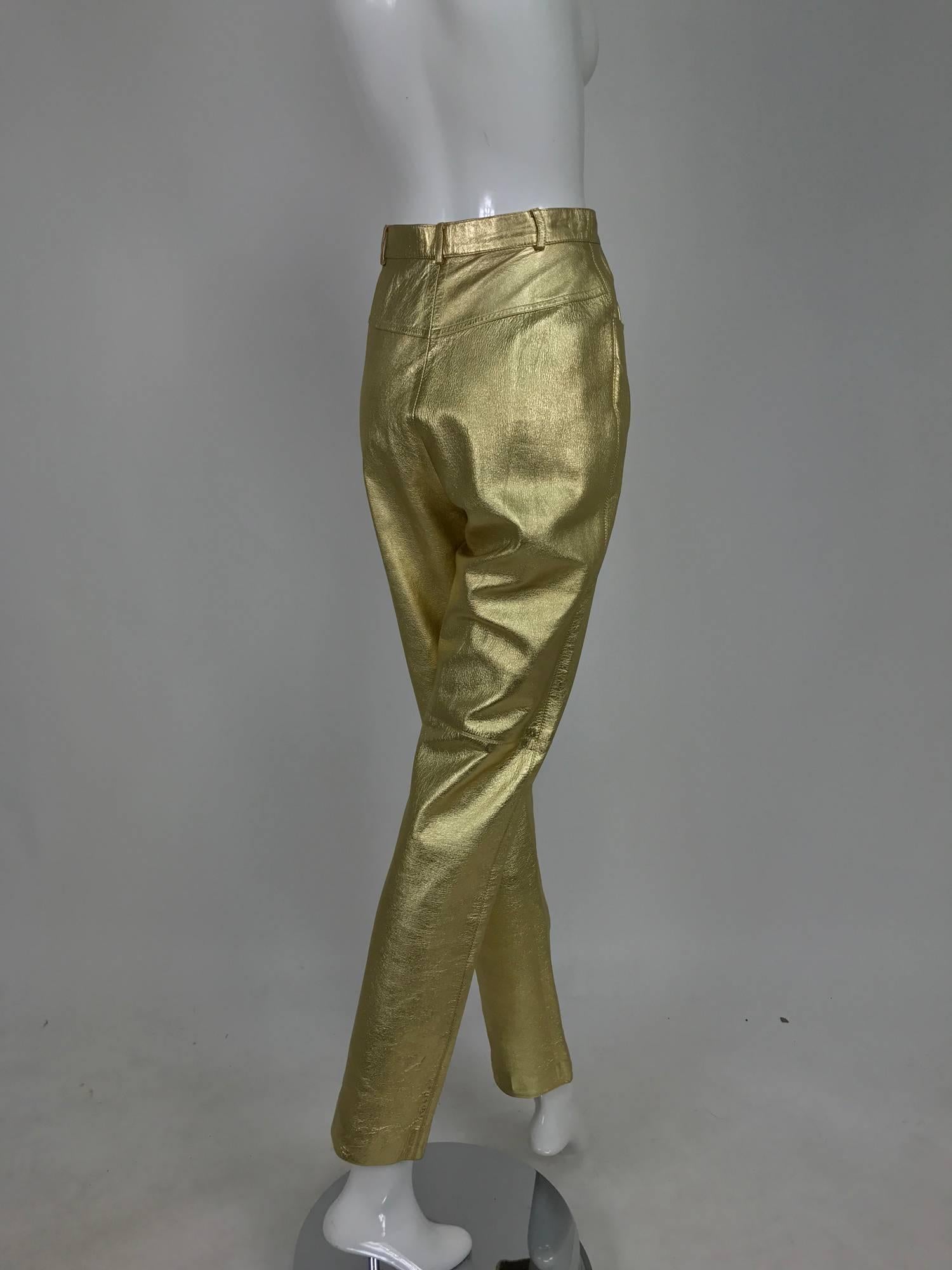 Vintage Ferragamo soft gold leather jeans style trousers 1980s 2