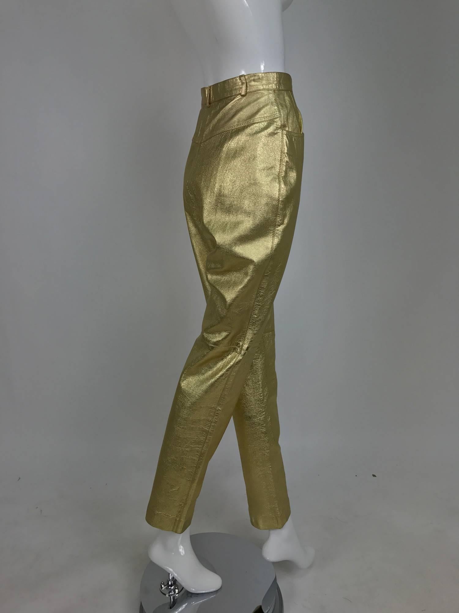 Vintage Ferragamo soft gold leather jeans style trousers 1980s 3