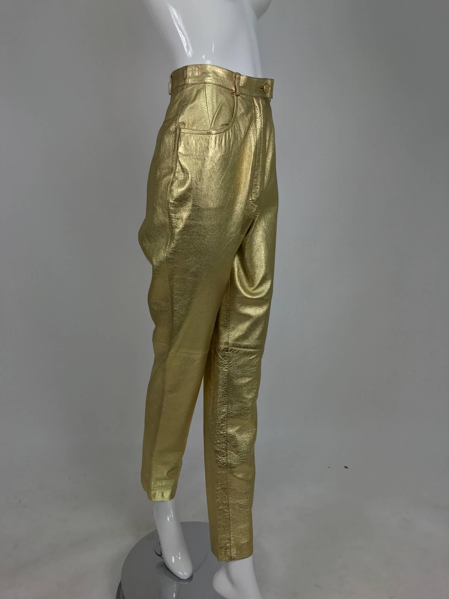 Vintage Ferragamo soft gold leather jeans style trousers 1980s 4
