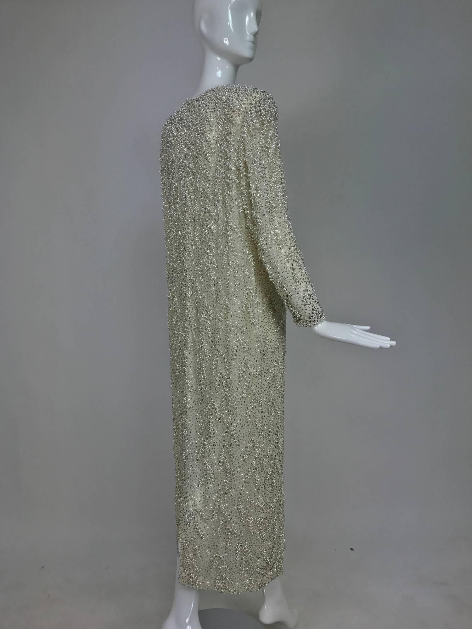 Vintage heavily beaded pearl and rhinestone column evening gown 1980s Hong Kong 1