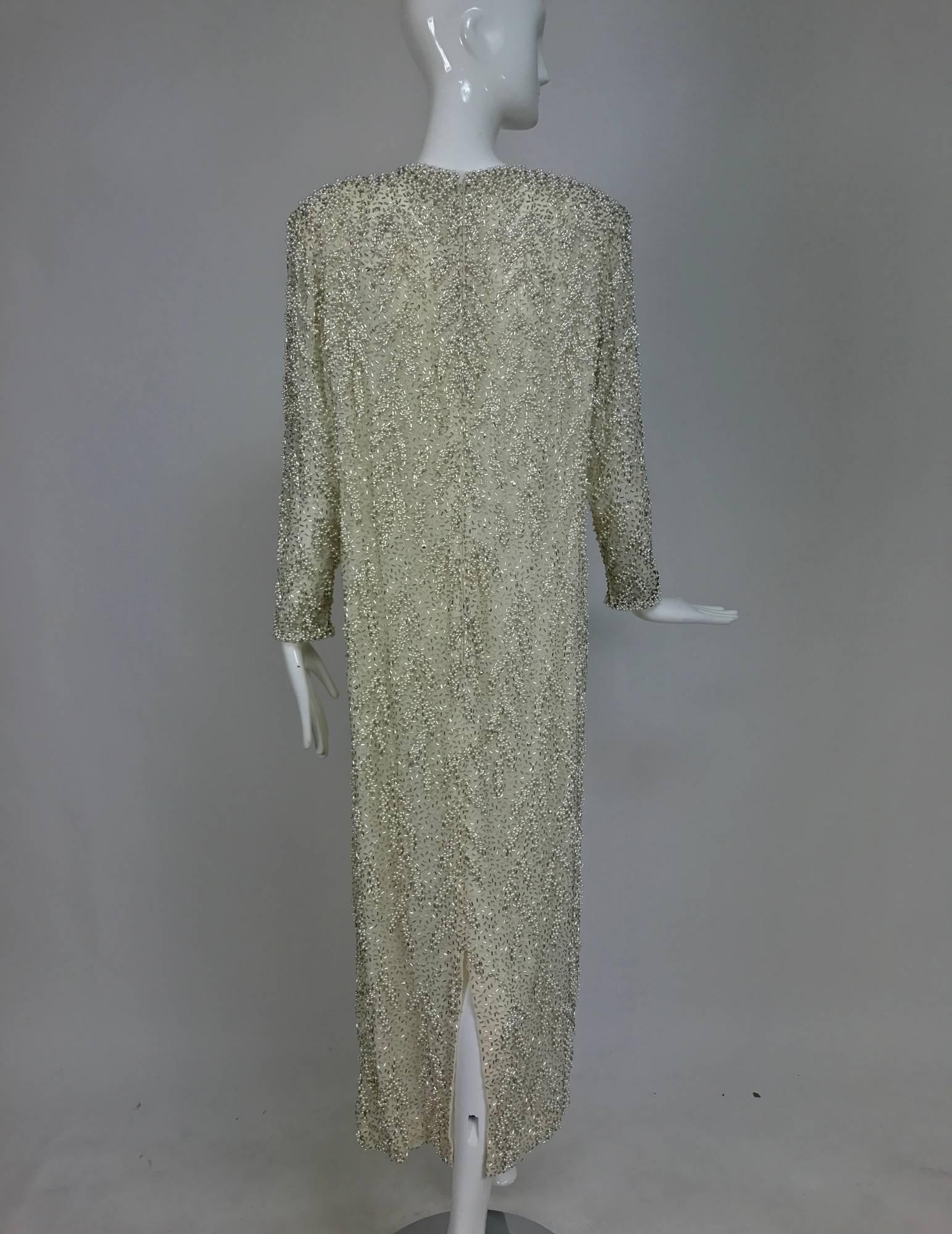 Vintage heavily beaded pearl and rhinestone column evening gown 1980s Hong Kong 2