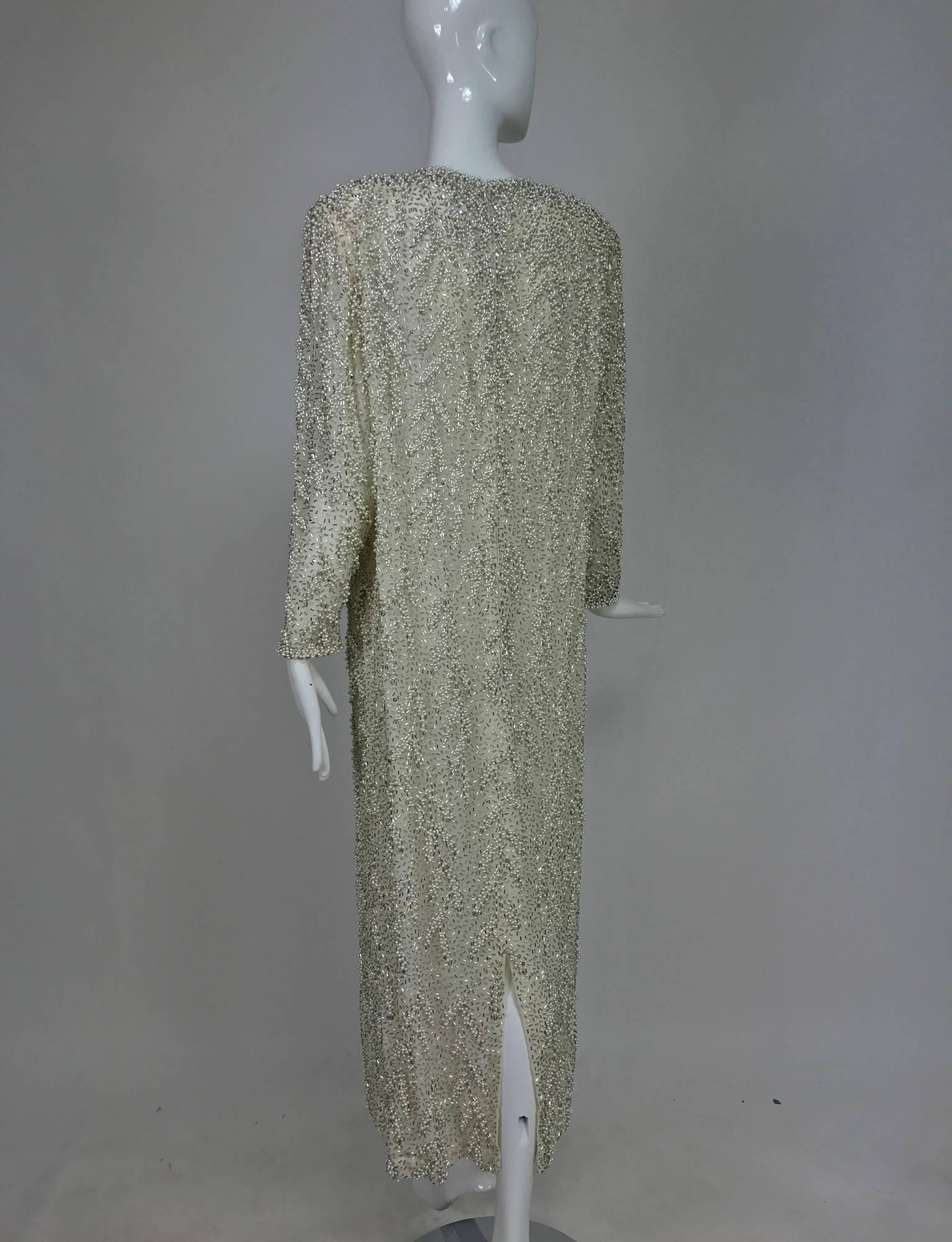Vintage heavily beaded pearl and rhinestone column evening gown 1980s Hong Kong 3