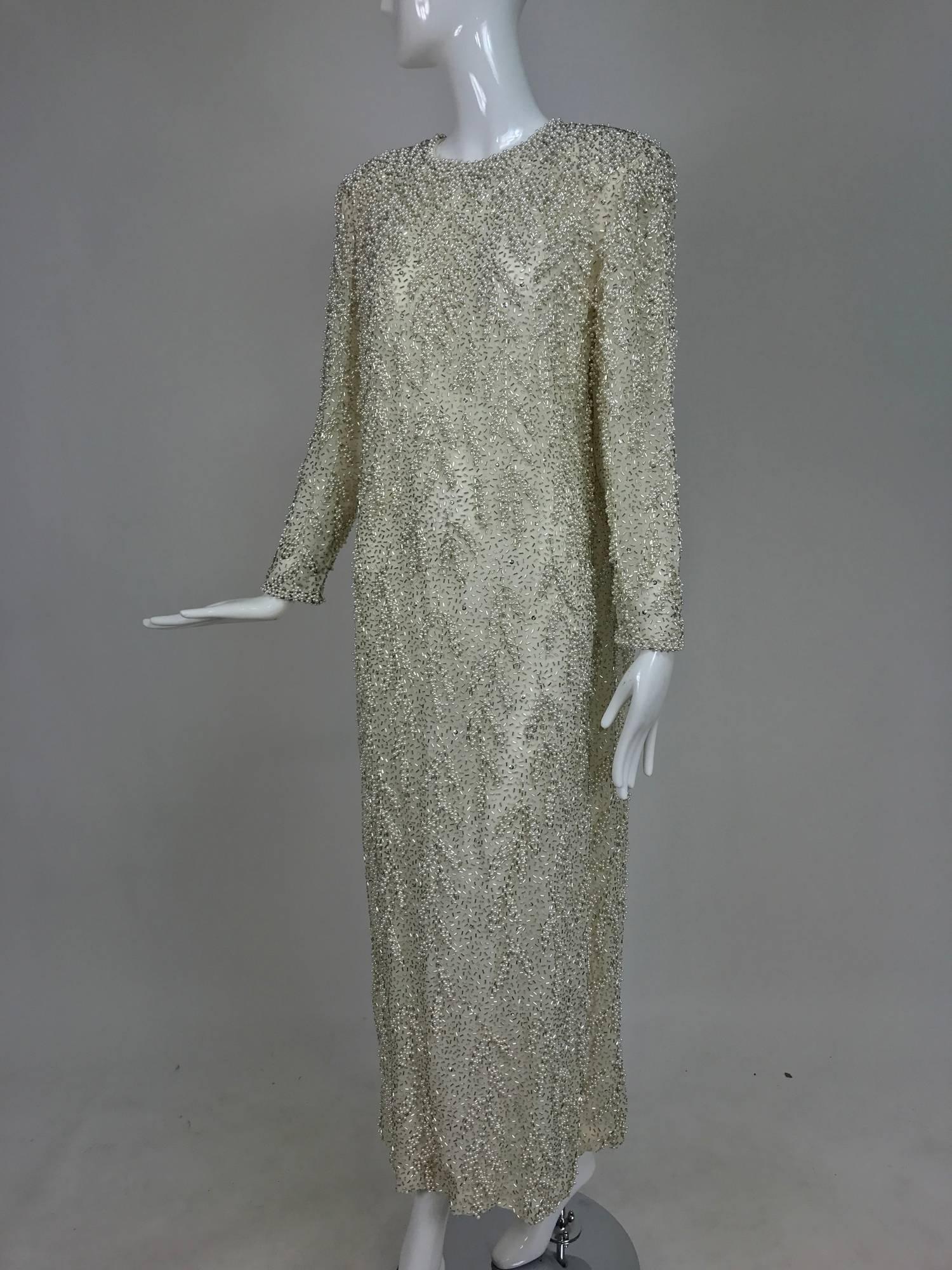 Vintage heavily beaded pearl and rhinestone column evening gown 1980s Hong Kong 4