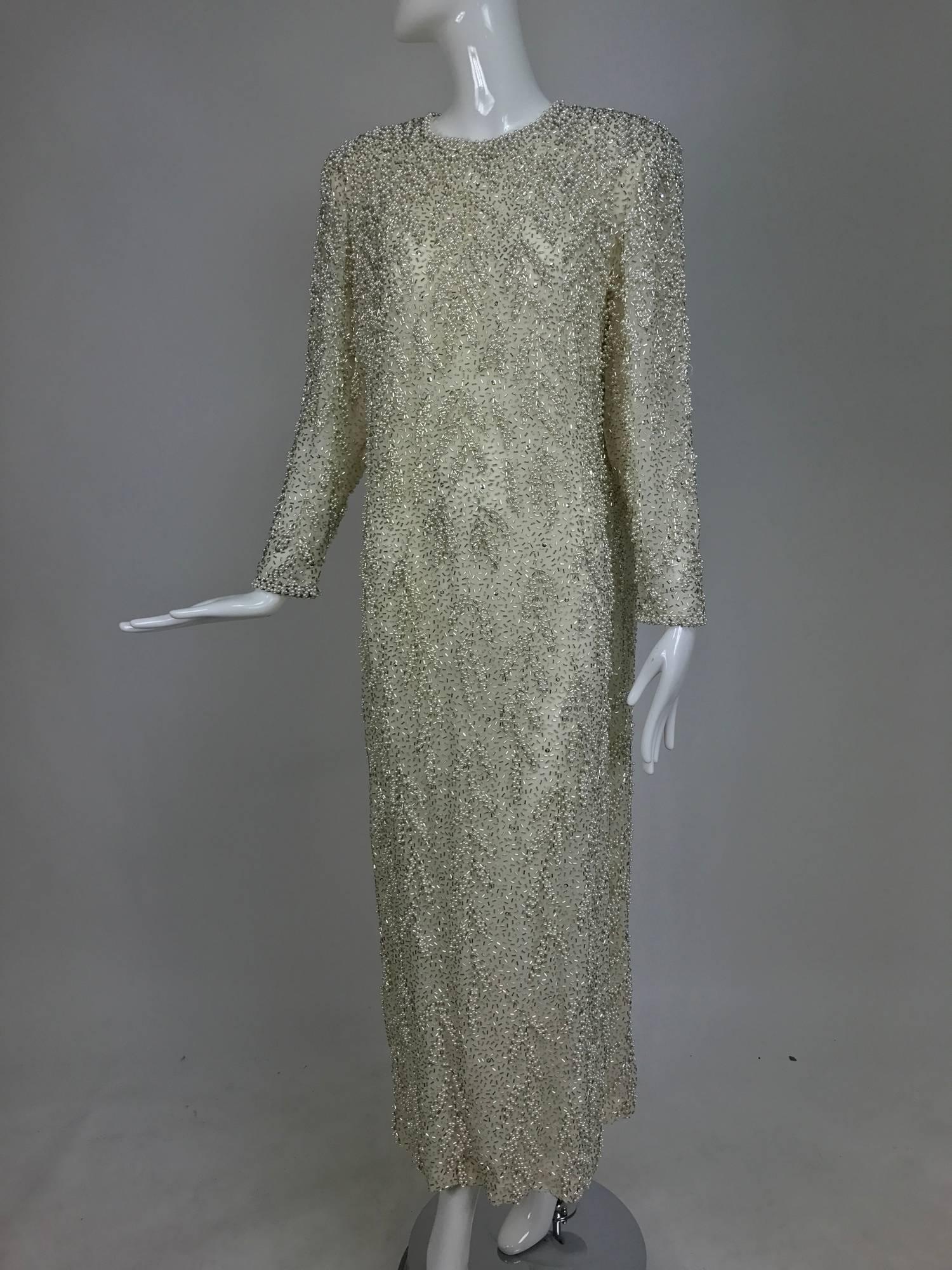 Vintage heavily beaded pearl and rhinestone column evening gown 1980s Hong Kong 5