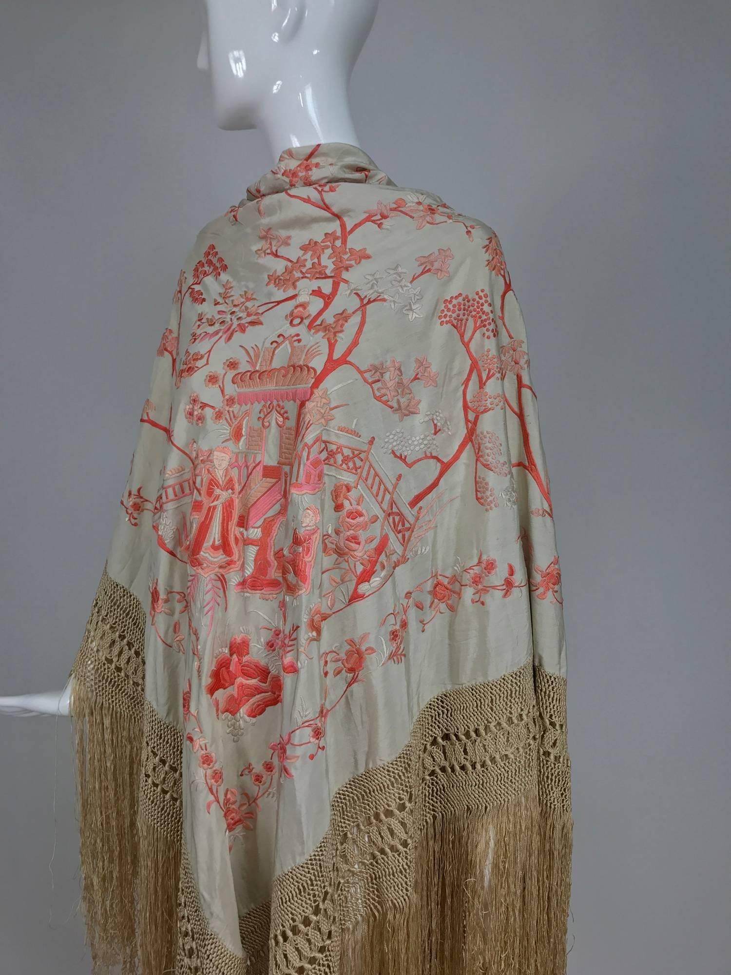Brown 1920s Canton silk embroidered shawl in coral and cream 