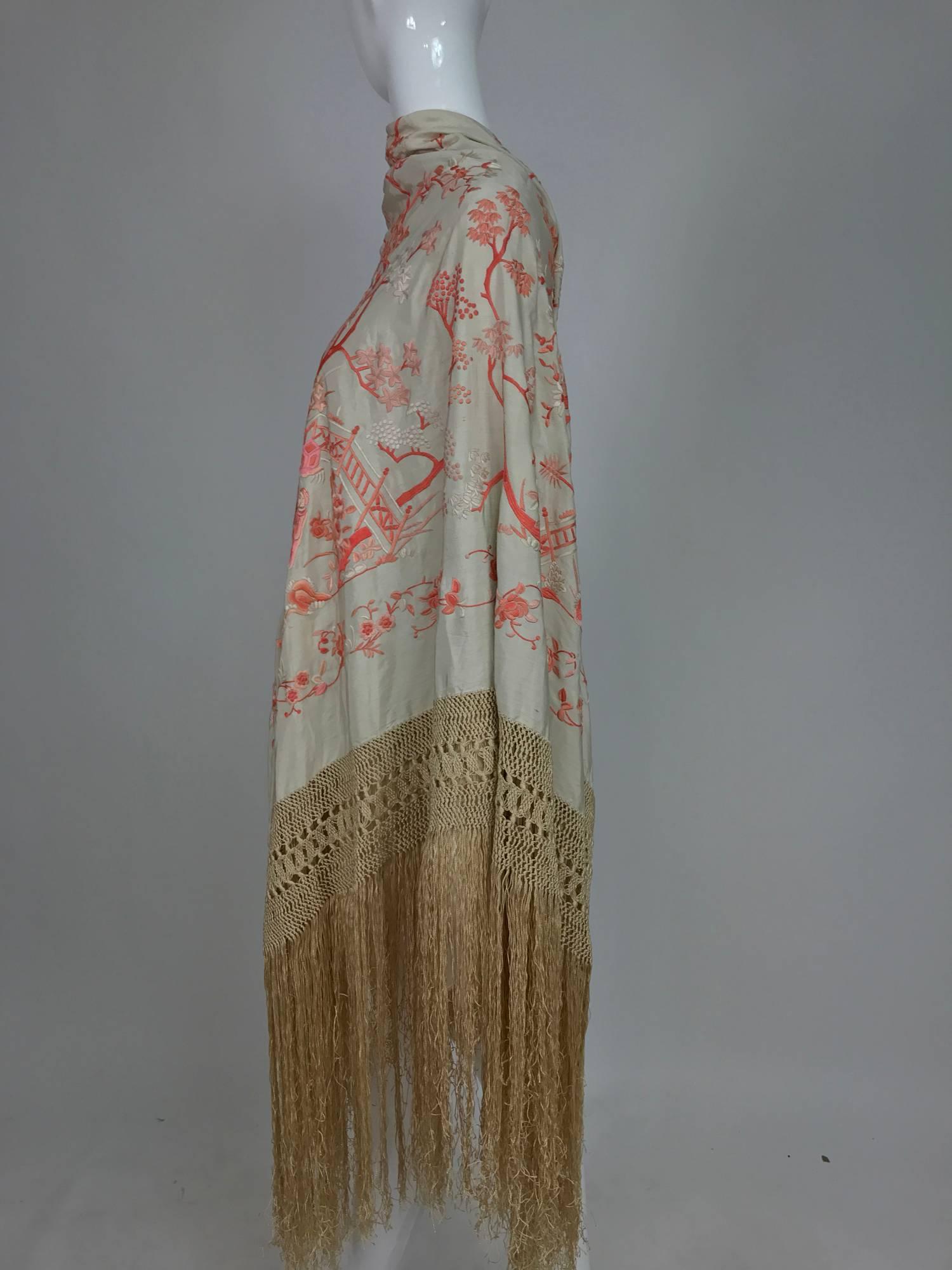 1920s Canton silk embroidered shawl in coral and cream  In Excellent Condition In West Palm Beach, FL