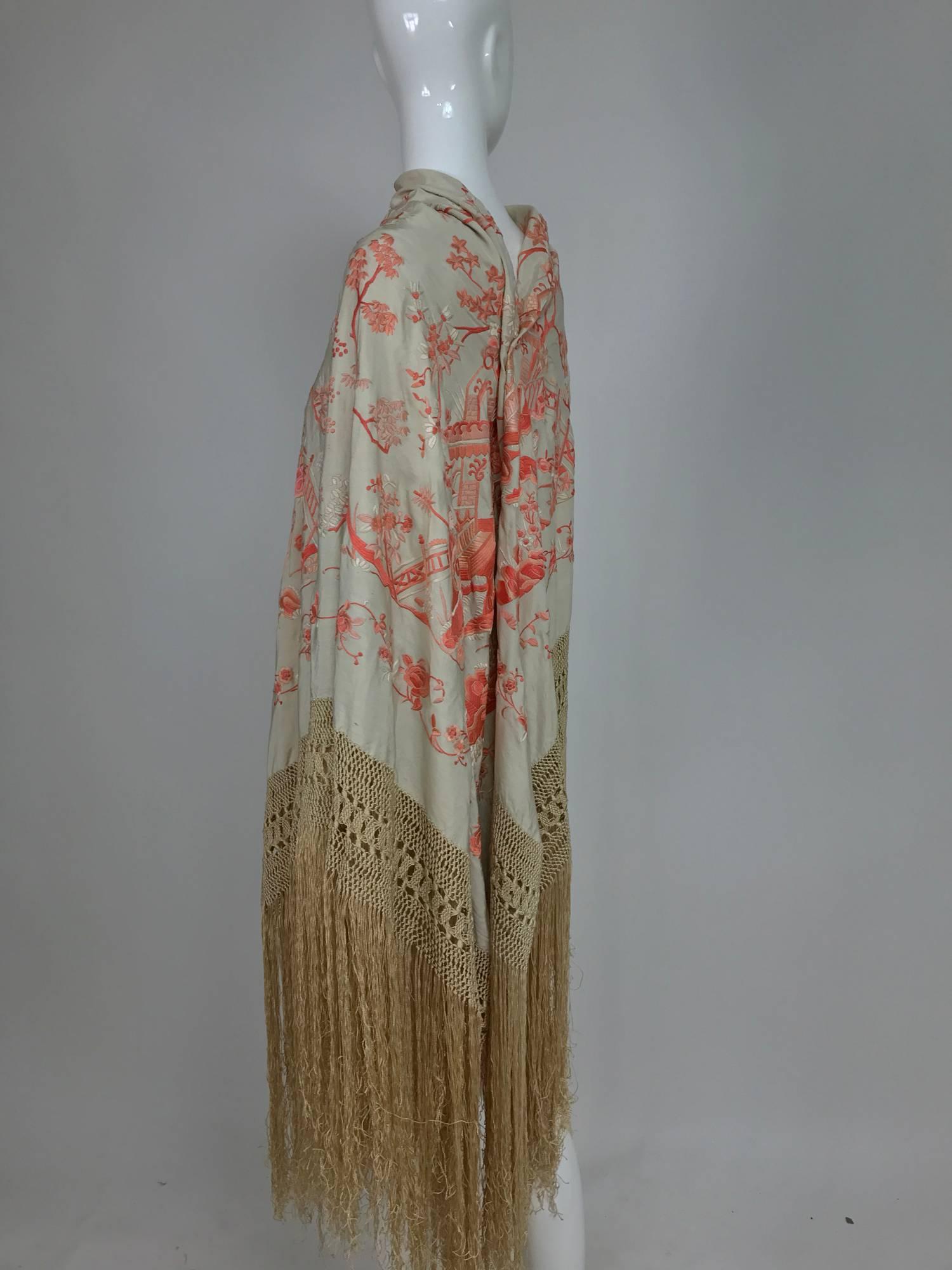 Women's or Men's 1920s Canton silk embroidered shawl in coral and cream 