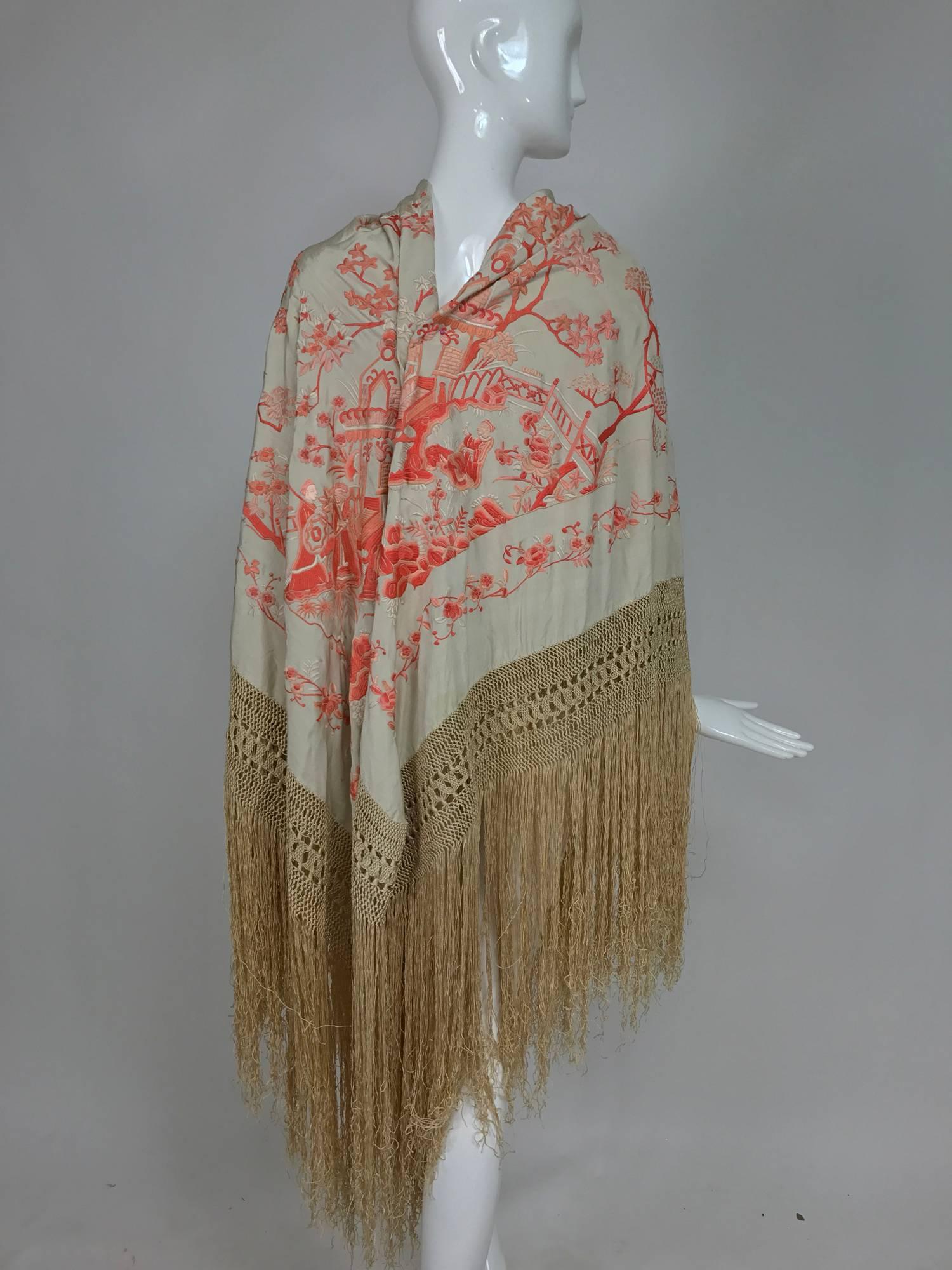 1920s Canton silk embroidered shawl in coral and cream  1