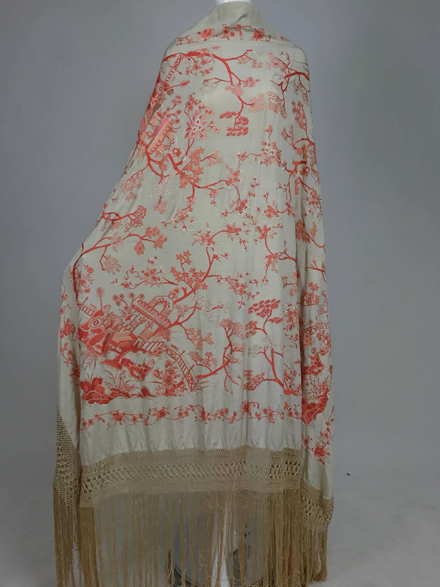 1920s Canton silk embroidered shawl in coral and cream  2