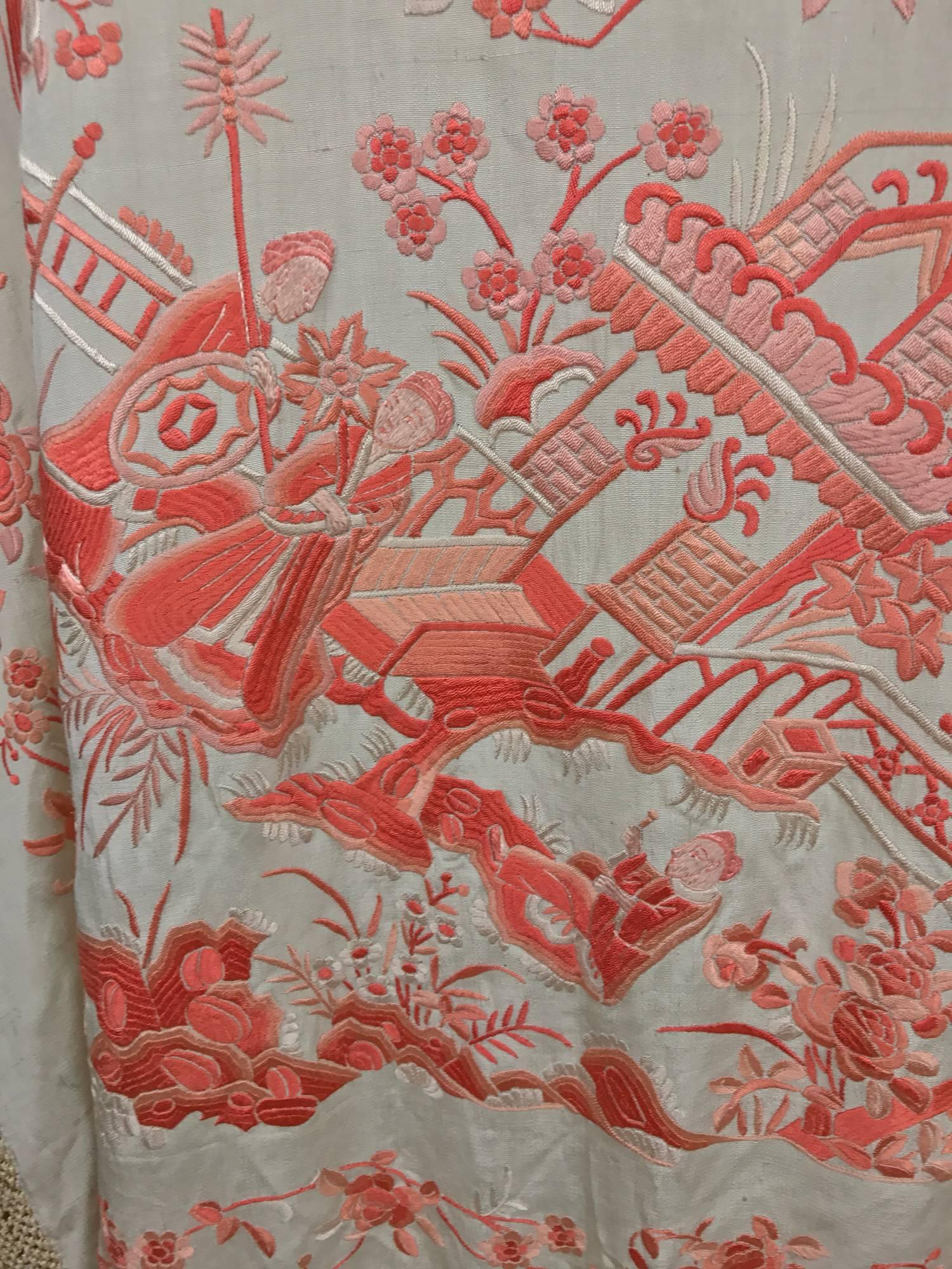 1920s Canton silk embroidered shawl in coral and cream  3