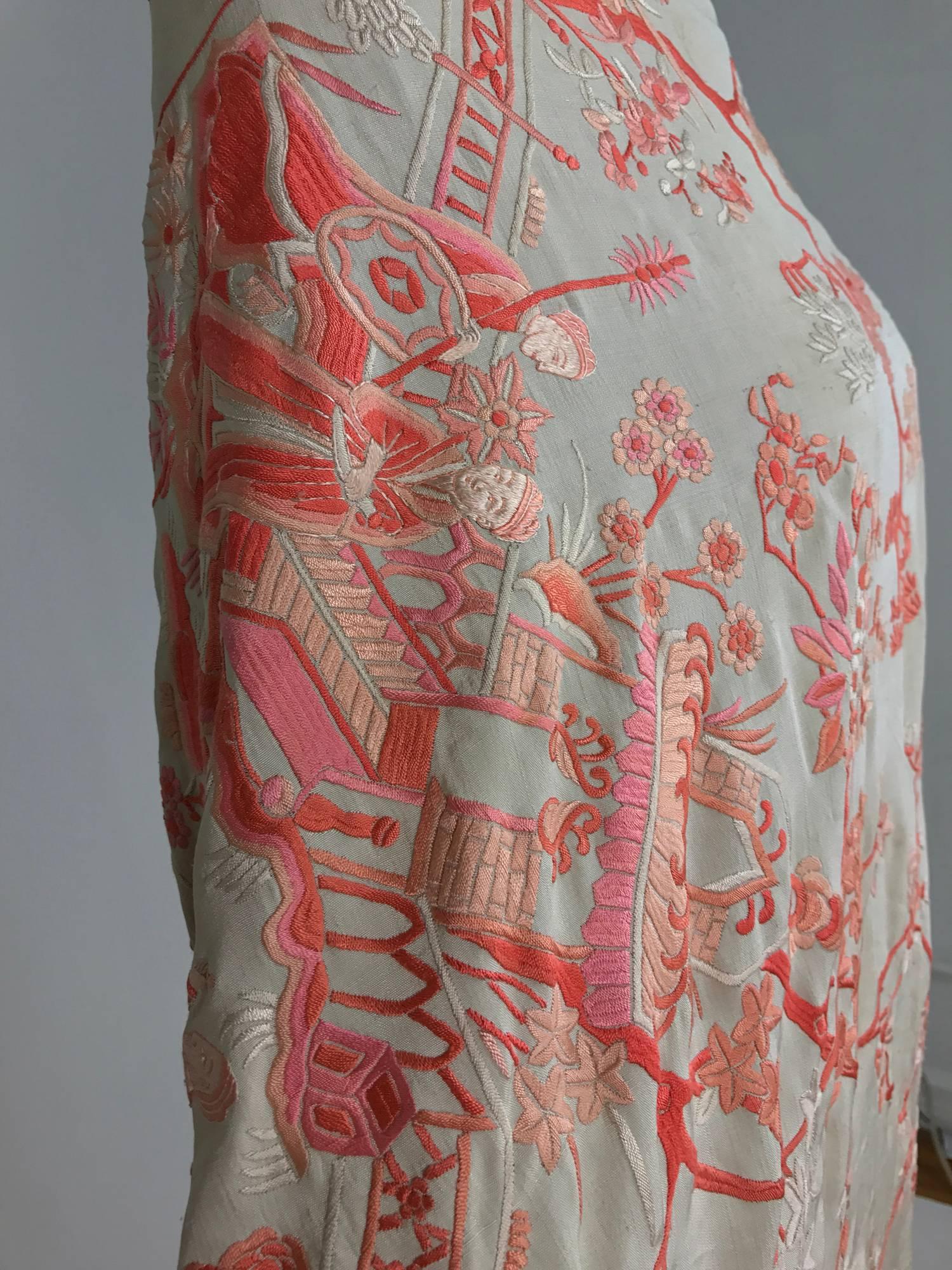 1920s Canton silk embroidered shawl in coral and cream  4