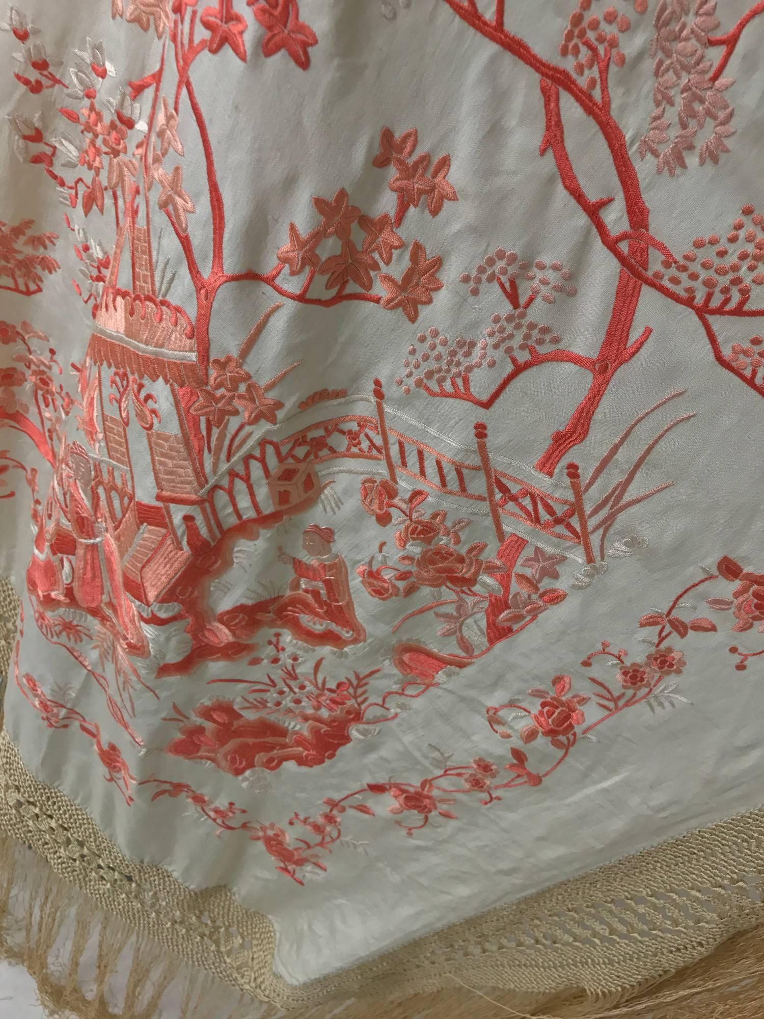 1920s Canton silk embroidered shawl in coral and cream  5