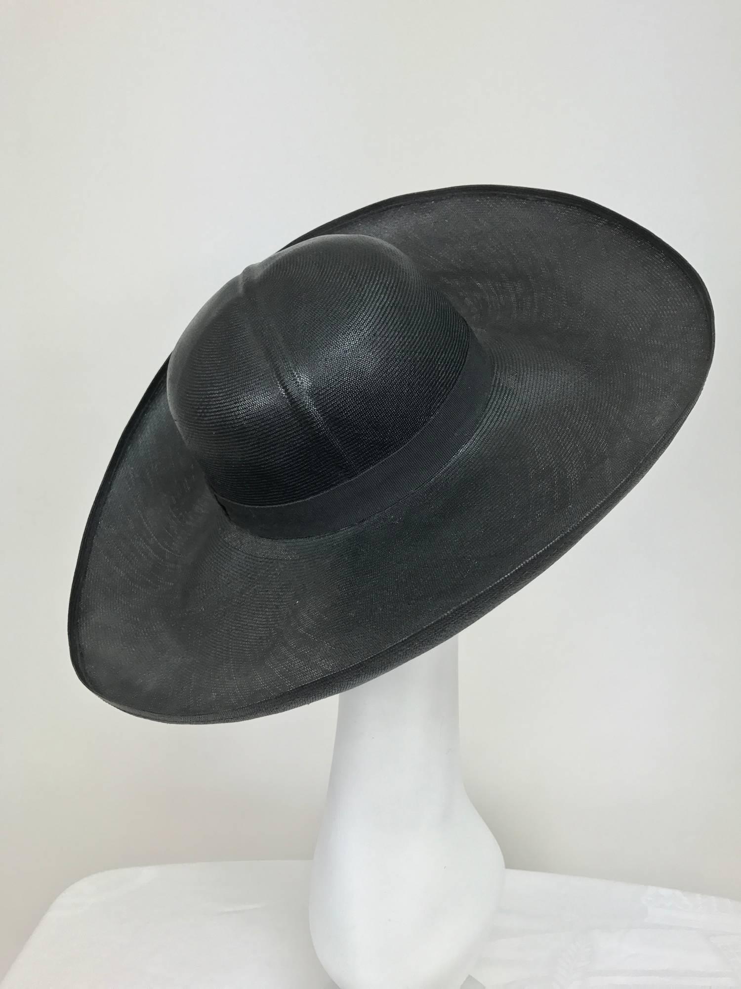Vintage Gucci fine black straw wide brim hat 1960s...Glossy finely woven black straw hat...5