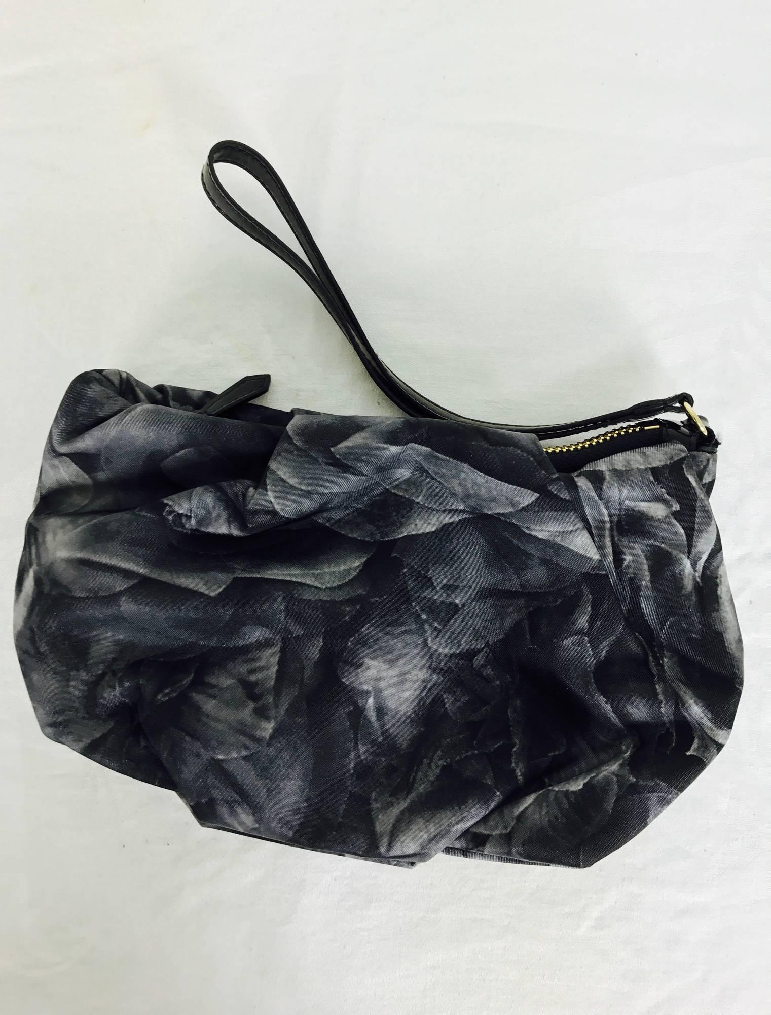 Valentino black roses zipper top clutch handbag with leather strap handle