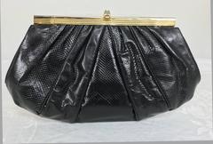 Judith Leiber black lizard clutch shoulder bag with gold frame jewel clasp