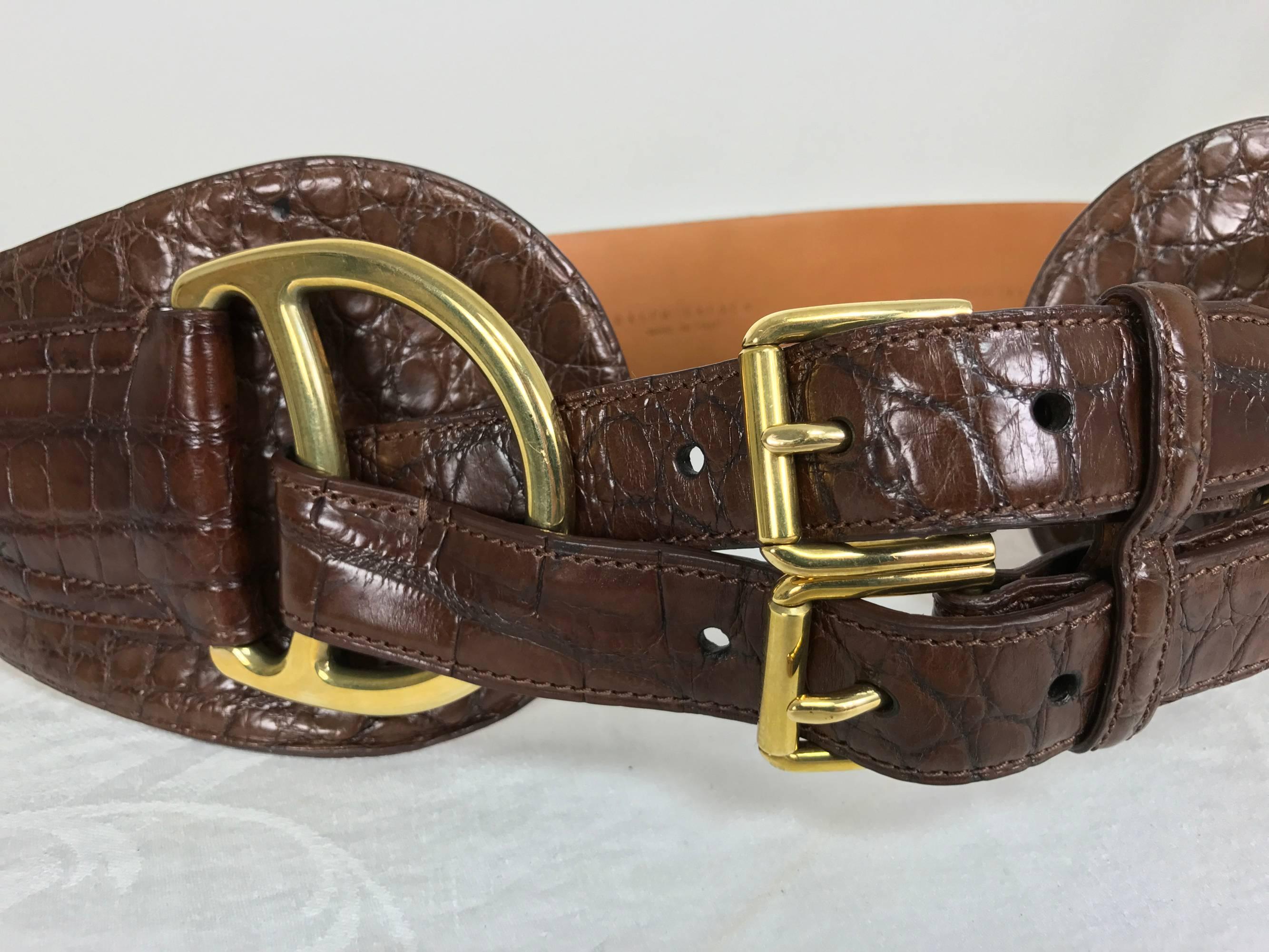 Black Ralph Lauren wide double strap cognac alligator belt brass hardware