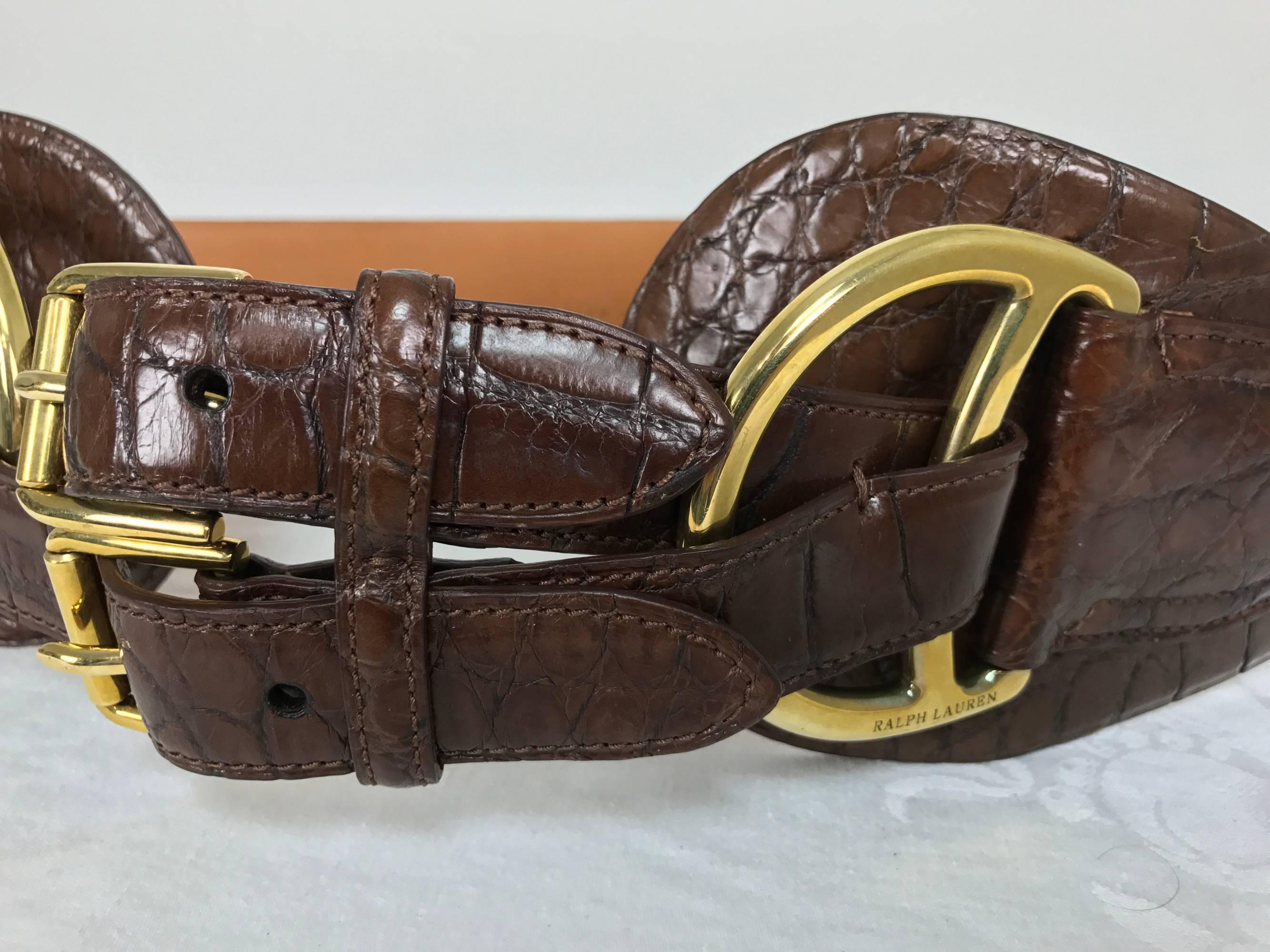 Ralph Lauren wide double strap cognac alligator belt brass hardware In Excellent Condition In West Palm Beach, FL