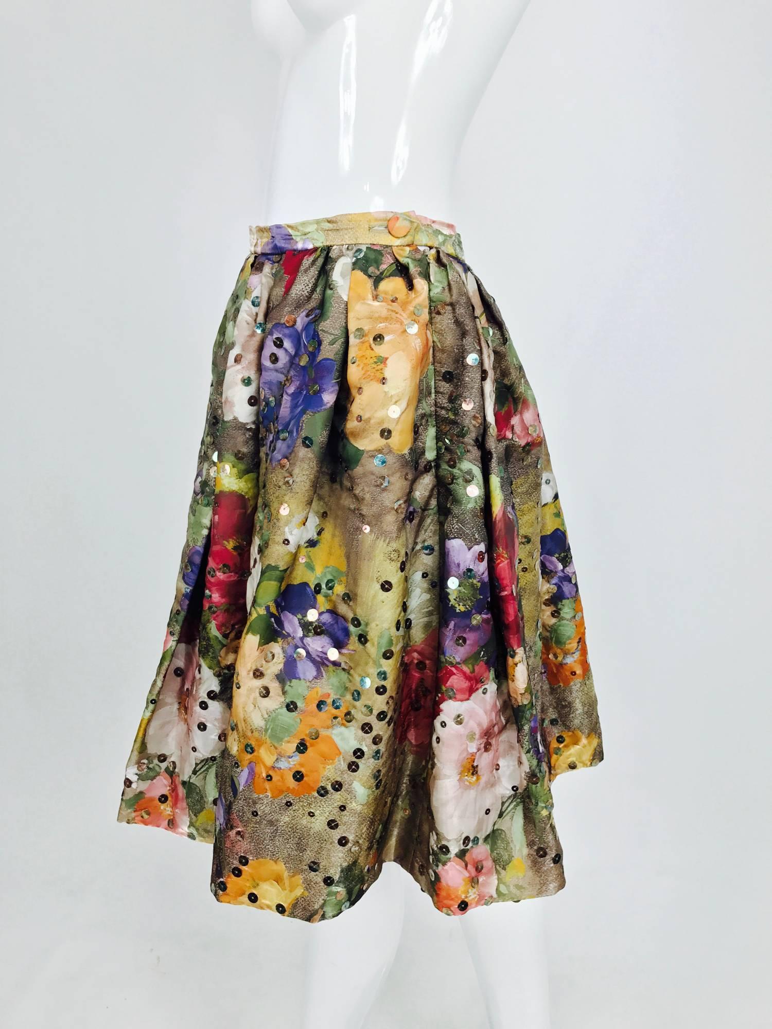 Vintage Christian LaCroix sequined floral satin open pleated skirt 1980s In Excellent Condition In West Palm Beach, FL