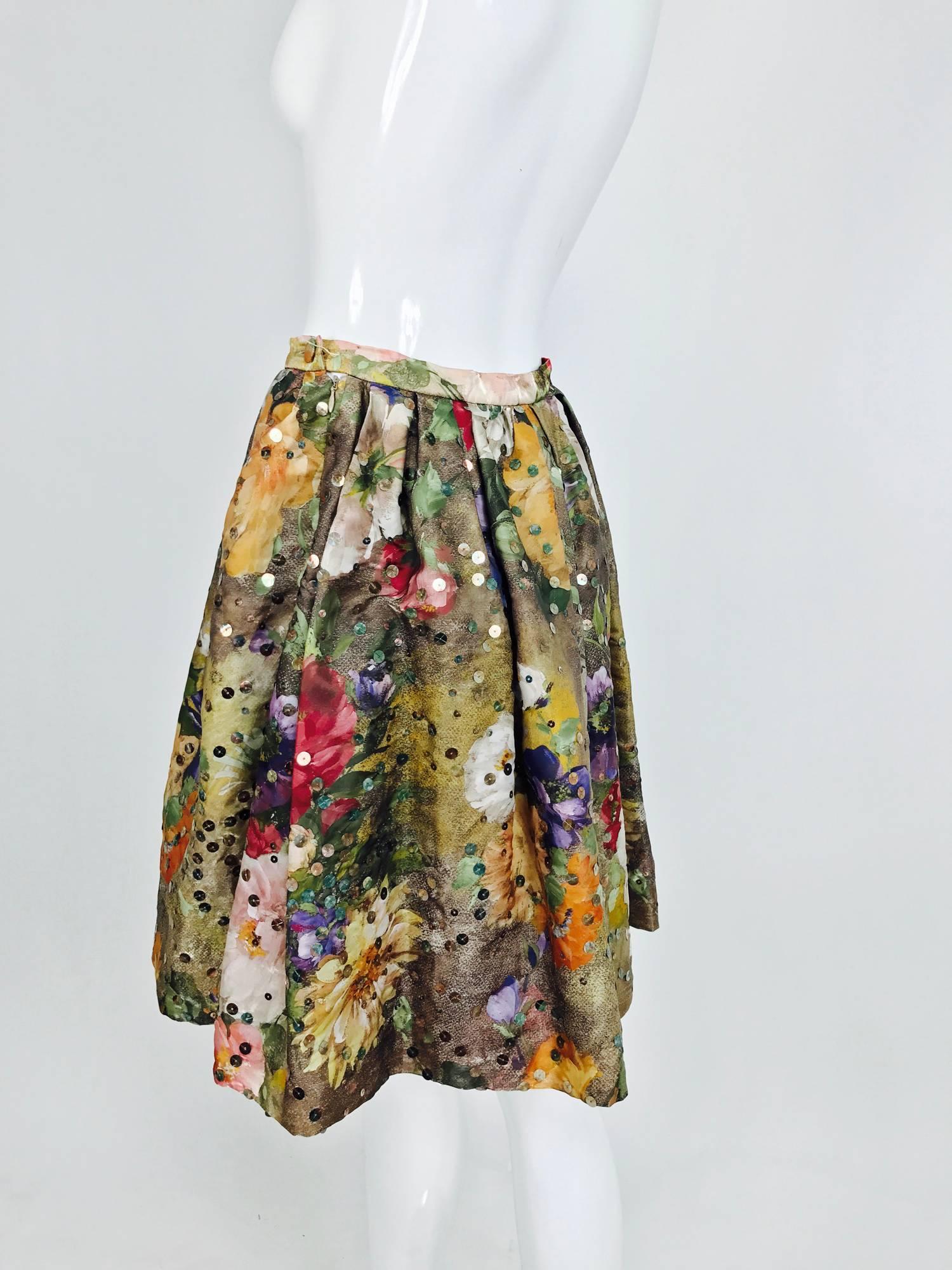 Women's Vintage Christian LaCroix sequined floral satin open pleated skirt 1980s