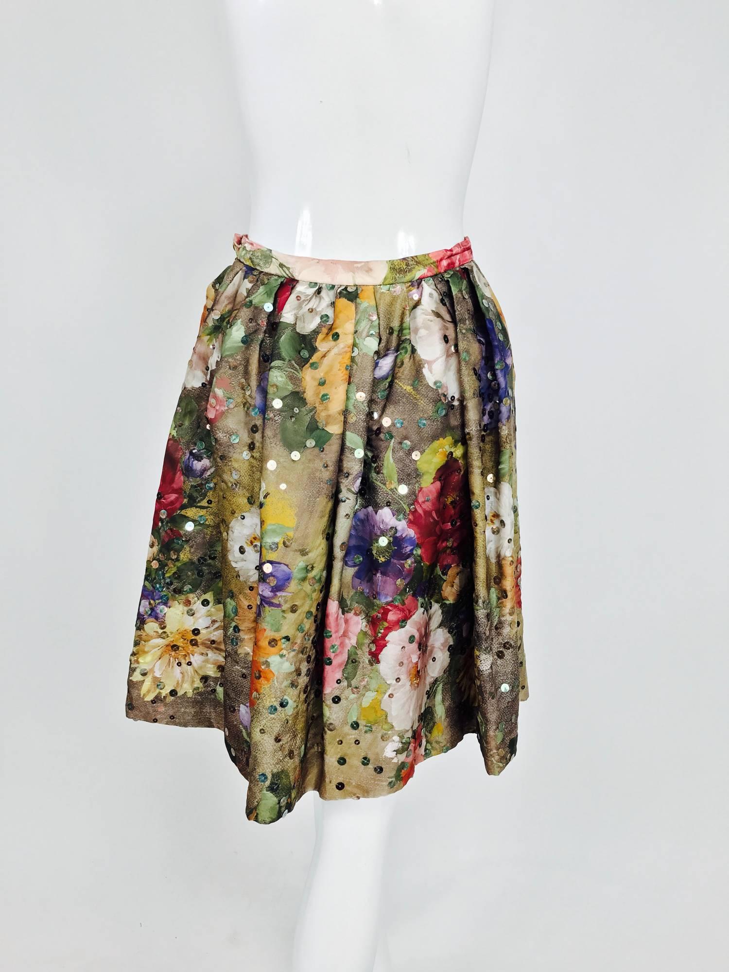 Vintage Christian LaCroix sequined floral satin open pleated skirt 1980s 1