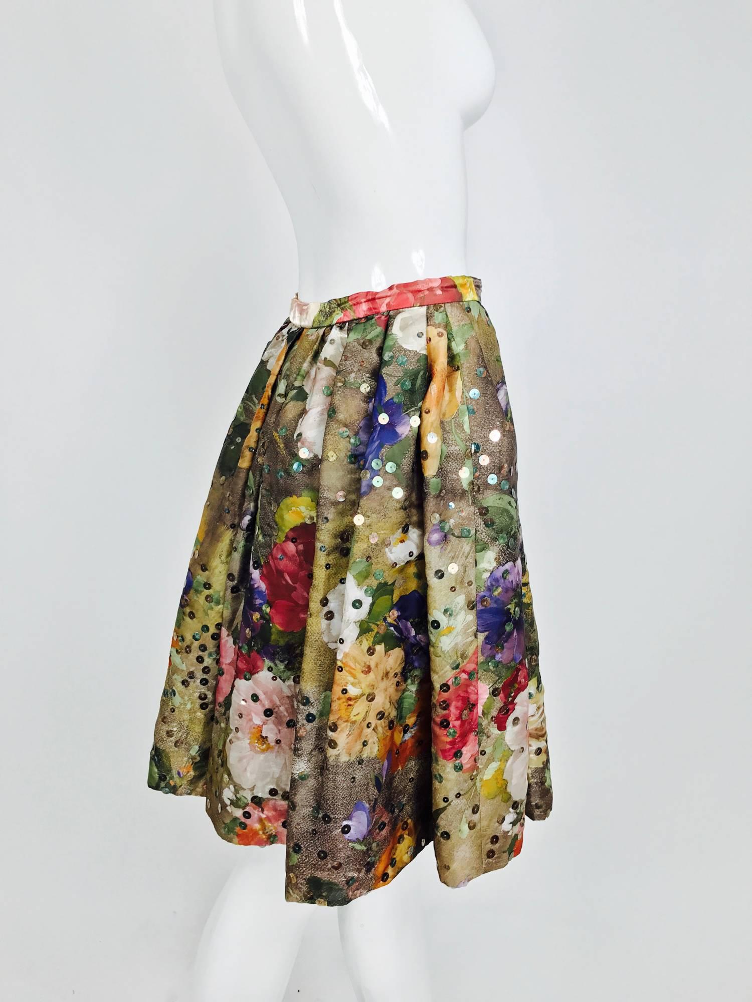 Vintage Christian LaCroix sequined floral satin open pleated skirt 1980s 2