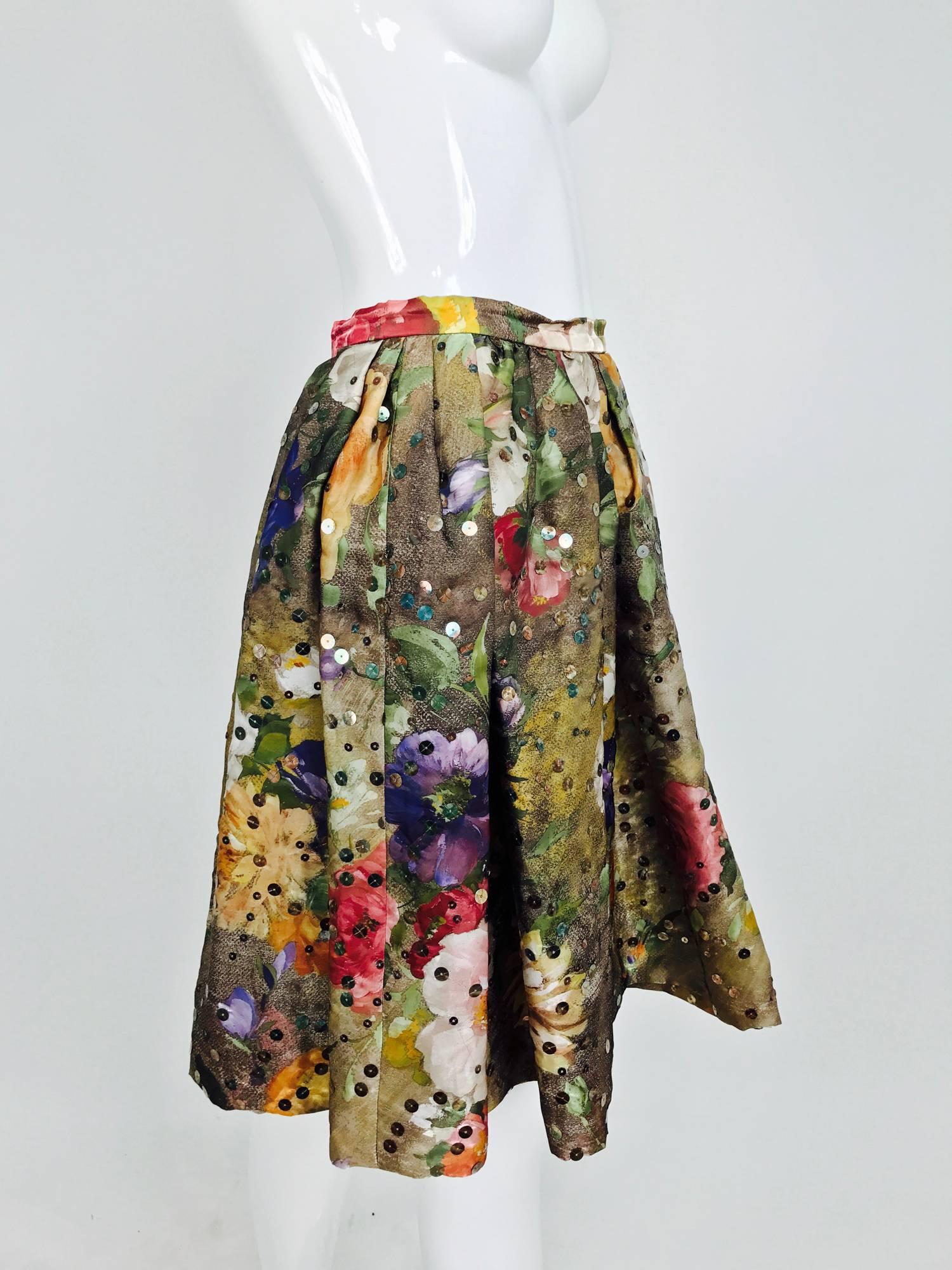 Vintage Christian LaCroix sequined floral satin open pleated skirt 1980s 3