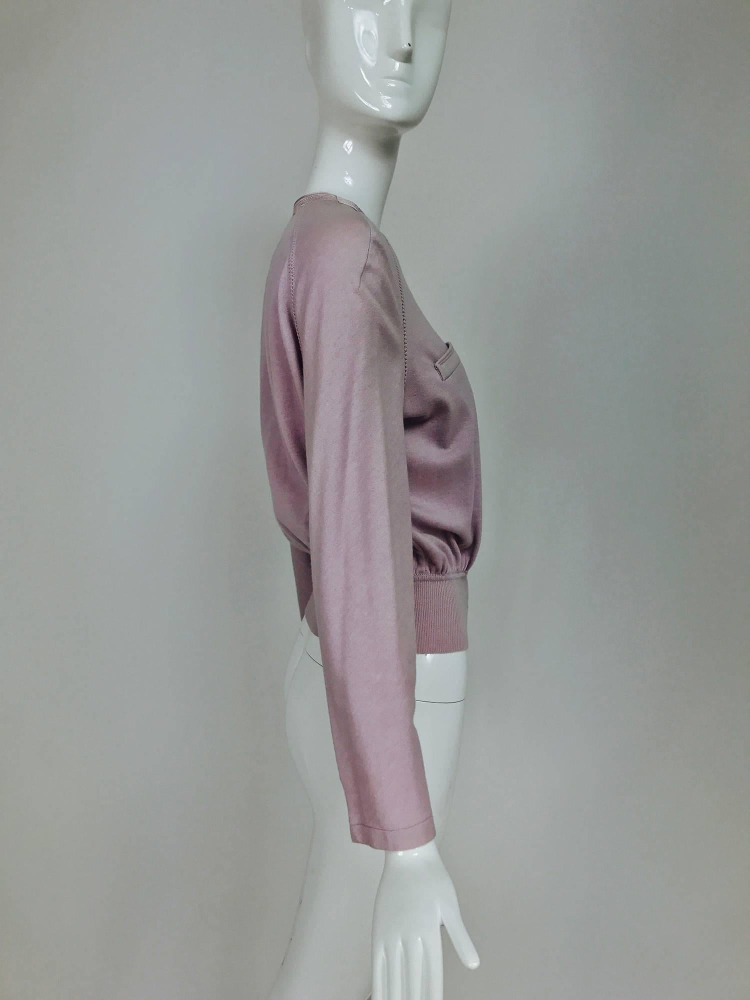 Gray Vintage Valentino lavender soft cashmere wool knit sweater with satin trim 1980s