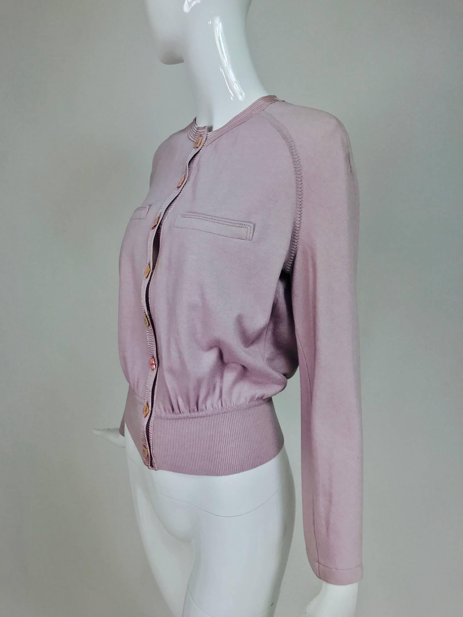 Vintage Valentino lavender soft cashmere wool knit sweater with satin trim 1980s 4