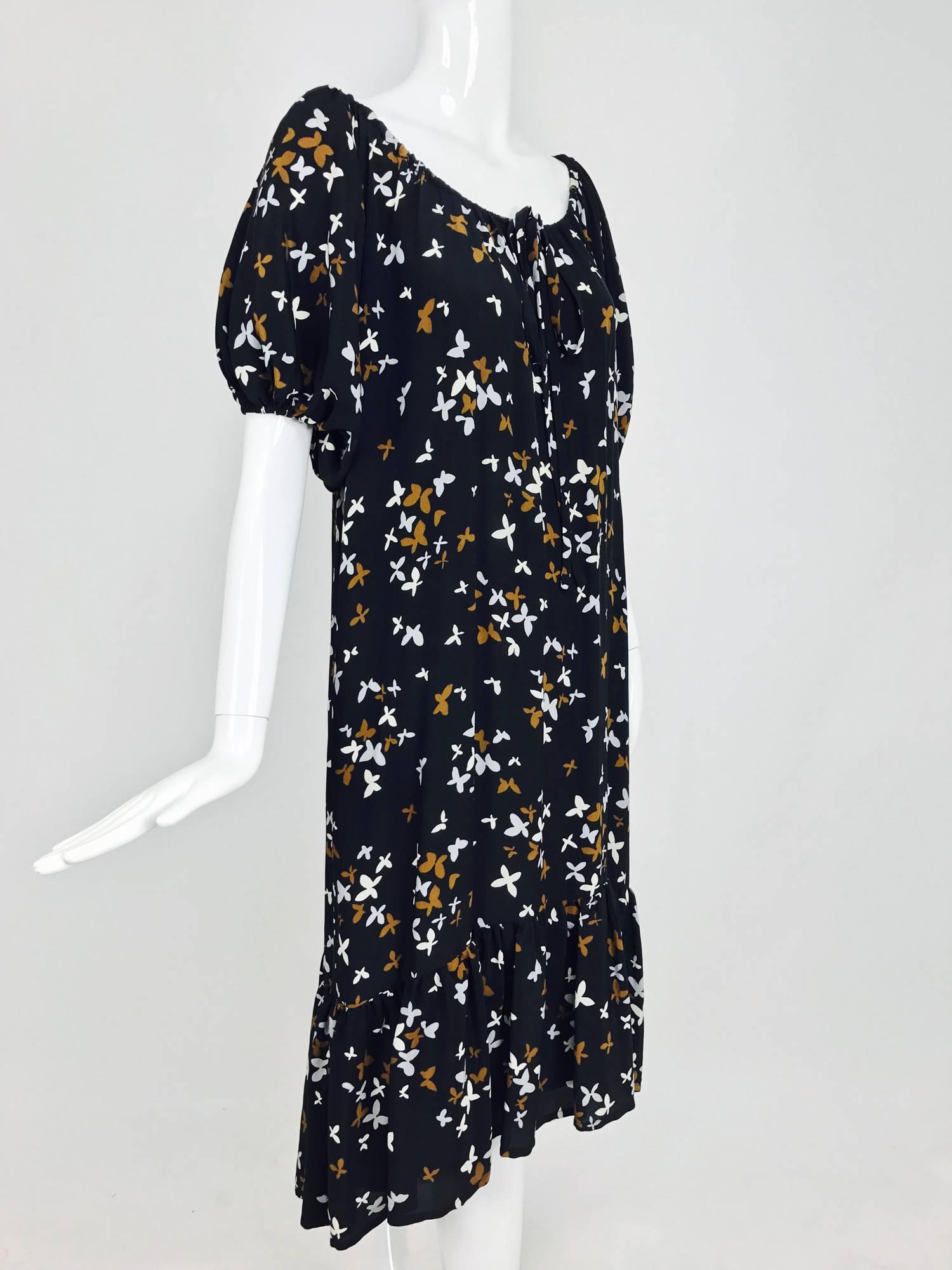 Black Documented Yves Saint laurent butterfly print silk peasant dress 1978