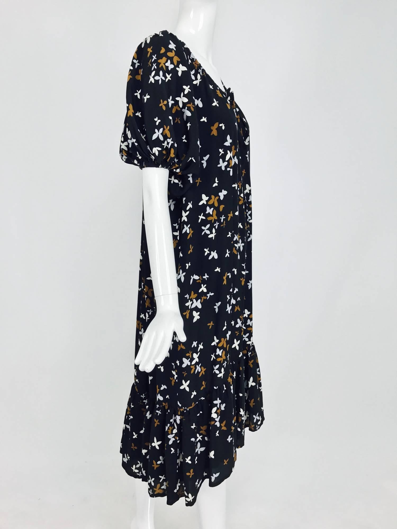 Documented Yves Saint laurent butterfly print silk peasant dress 1978 In Excellent Condition In West Palm Beach, FL