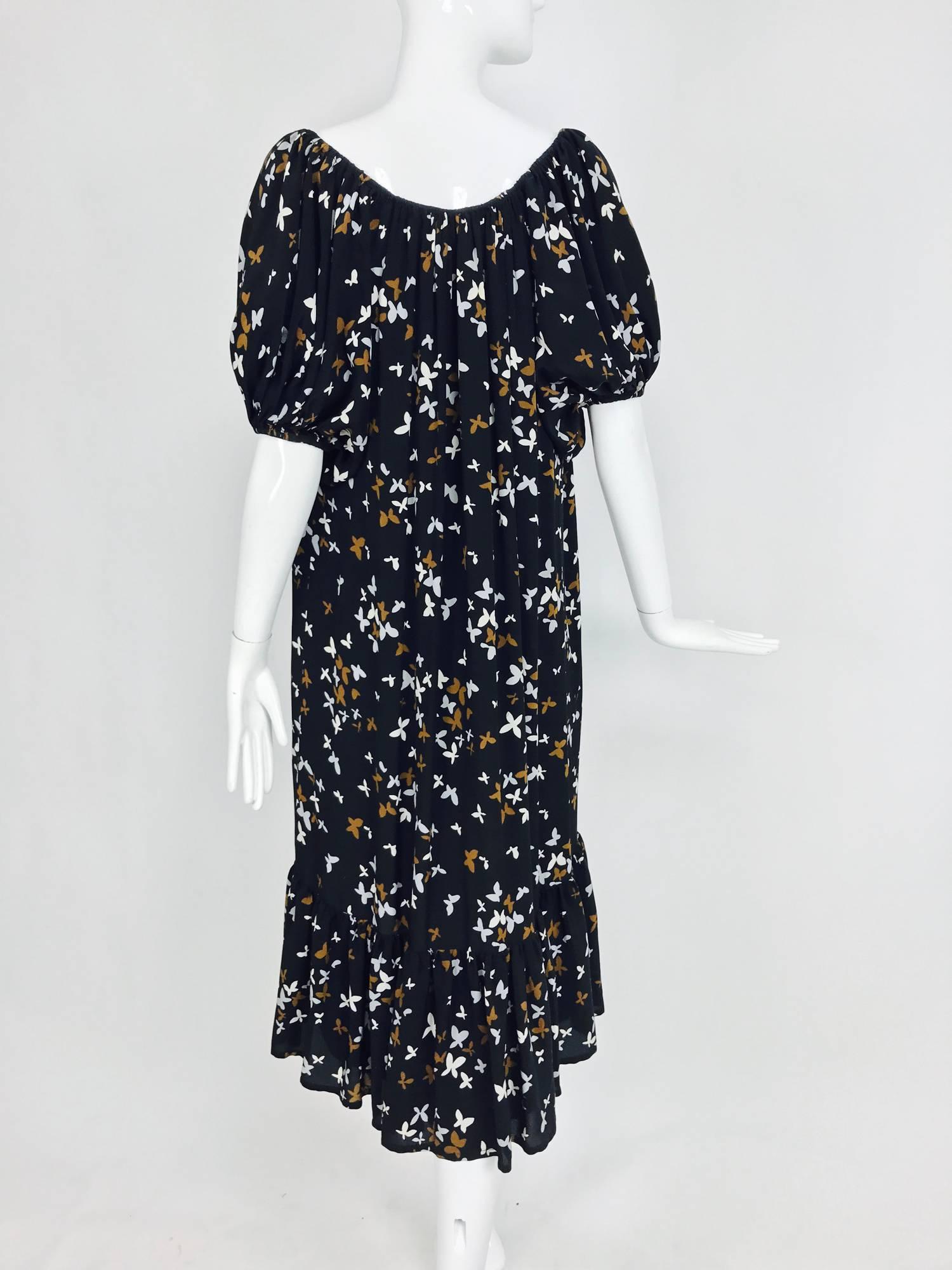 Women's Documented Yves Saint laurent butterfly print silk peasant dress 1978