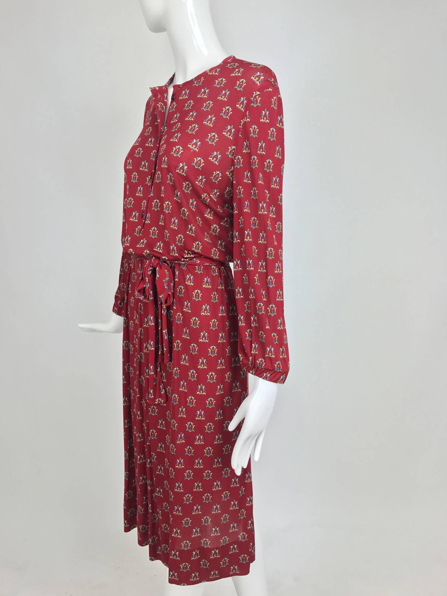 Brown Vintage Celine fine wine silk knit print button front dress and belt 1970s