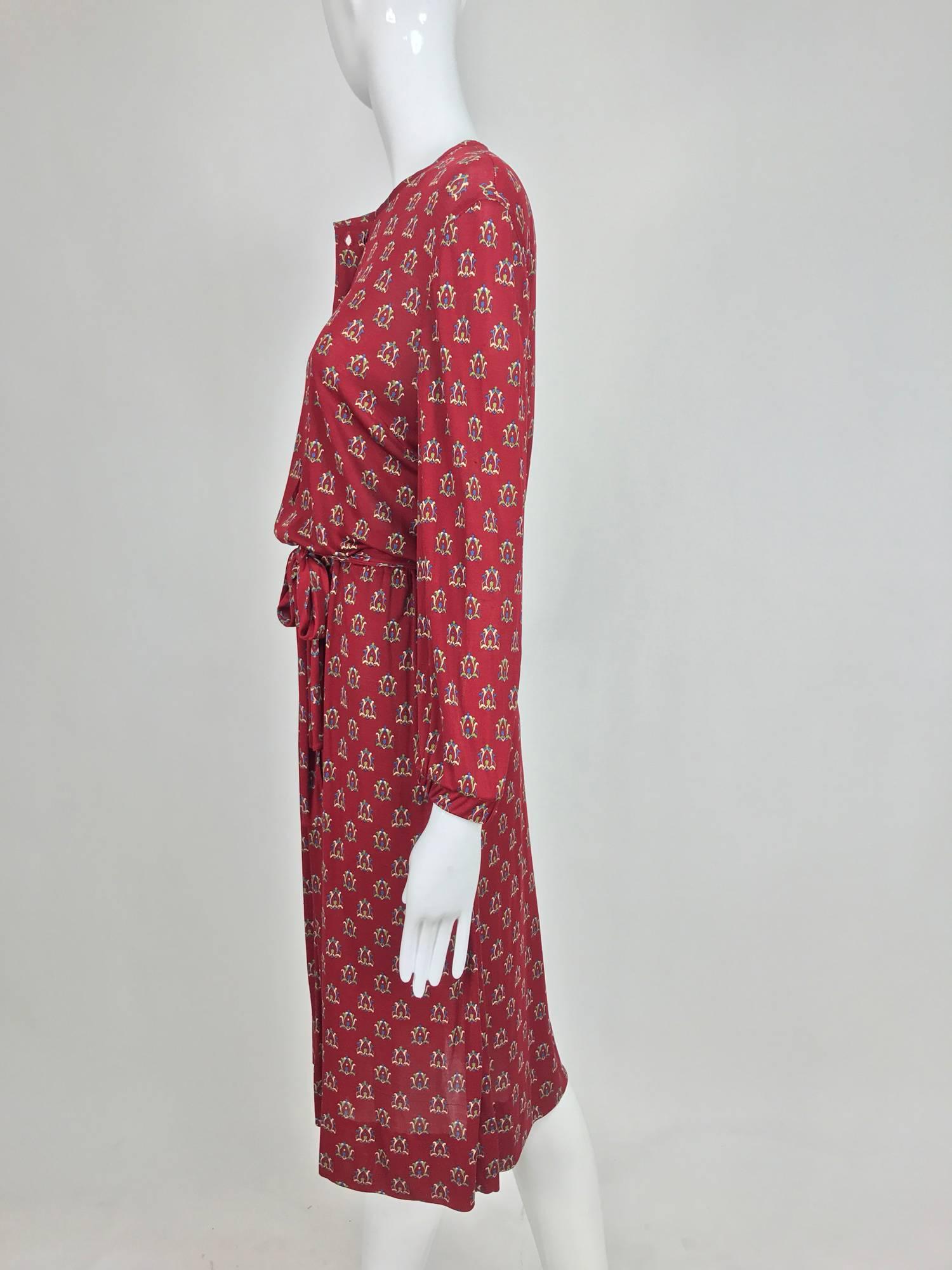 Vintage Celine fine wine silk knit print button front dress and belt 1970s In Excellent Condition In West Palm Beach, FL