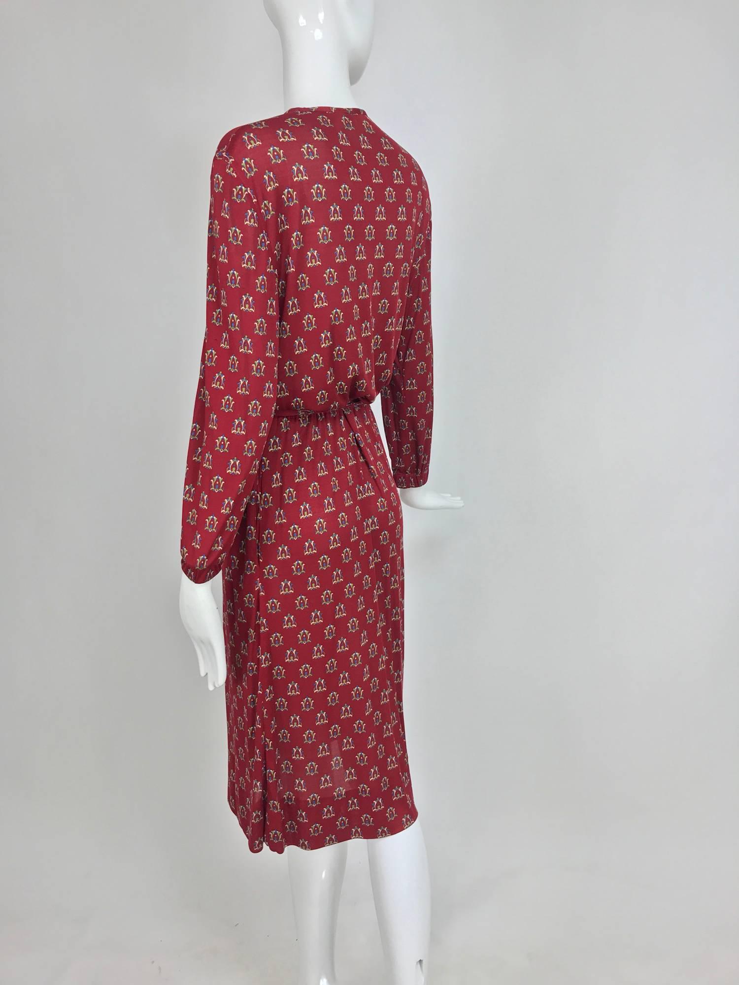 Women's Vintage Celine fine wine silk knit print button front dress and belt 1970s