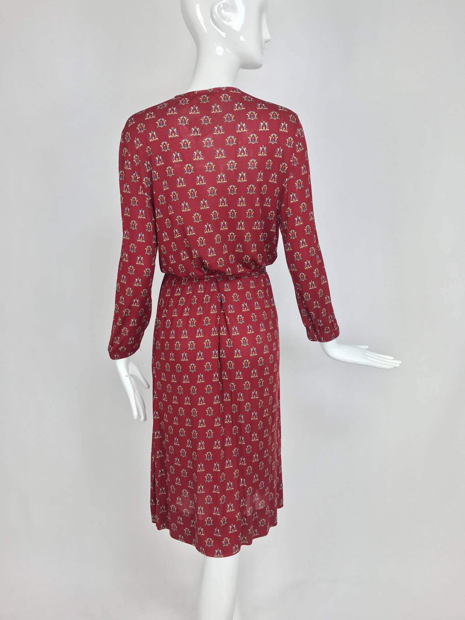 Vintage Celine fine wine silk knit print button front dress and belt 1970s 1