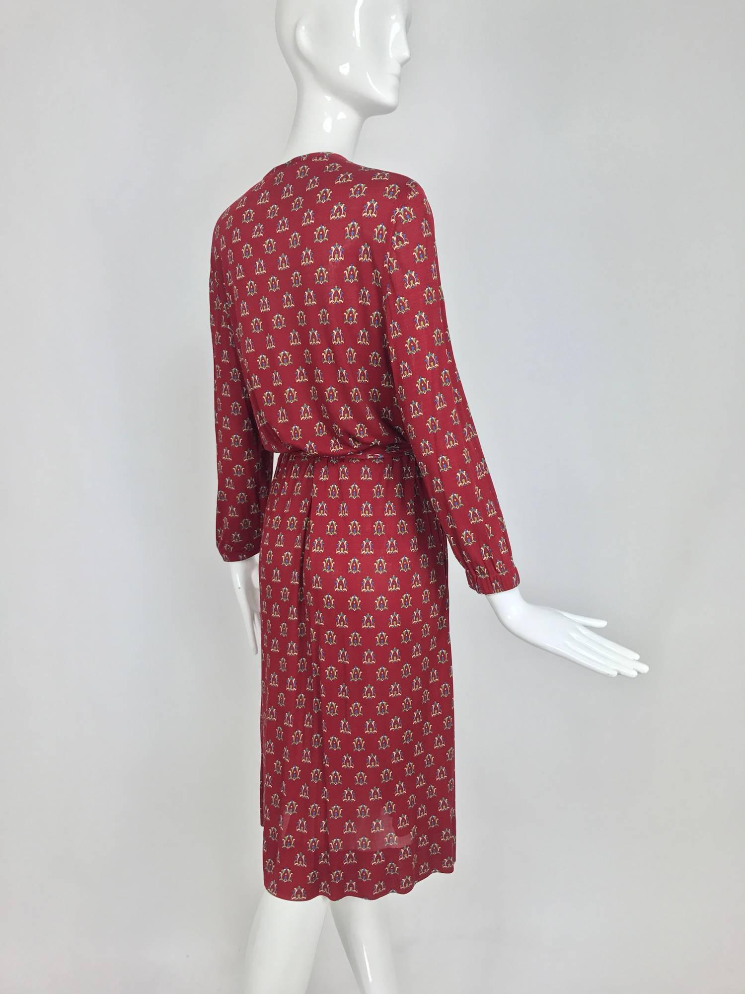 Vintage Celine fine wine silk knit print button front dress and belt 1970s 2
