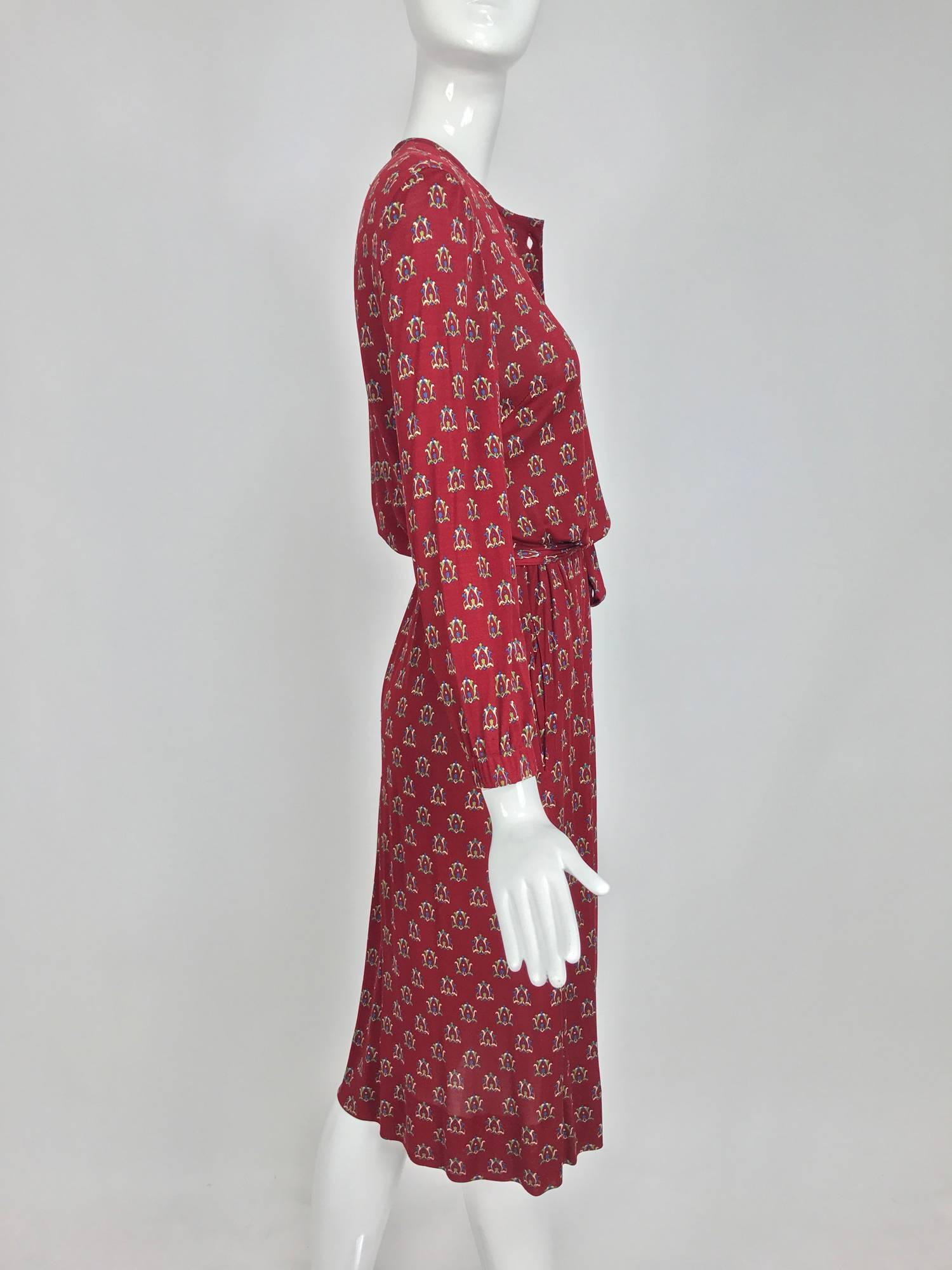 Vintage Celine fine wine silk knit print button front dress and belt 1970s 3