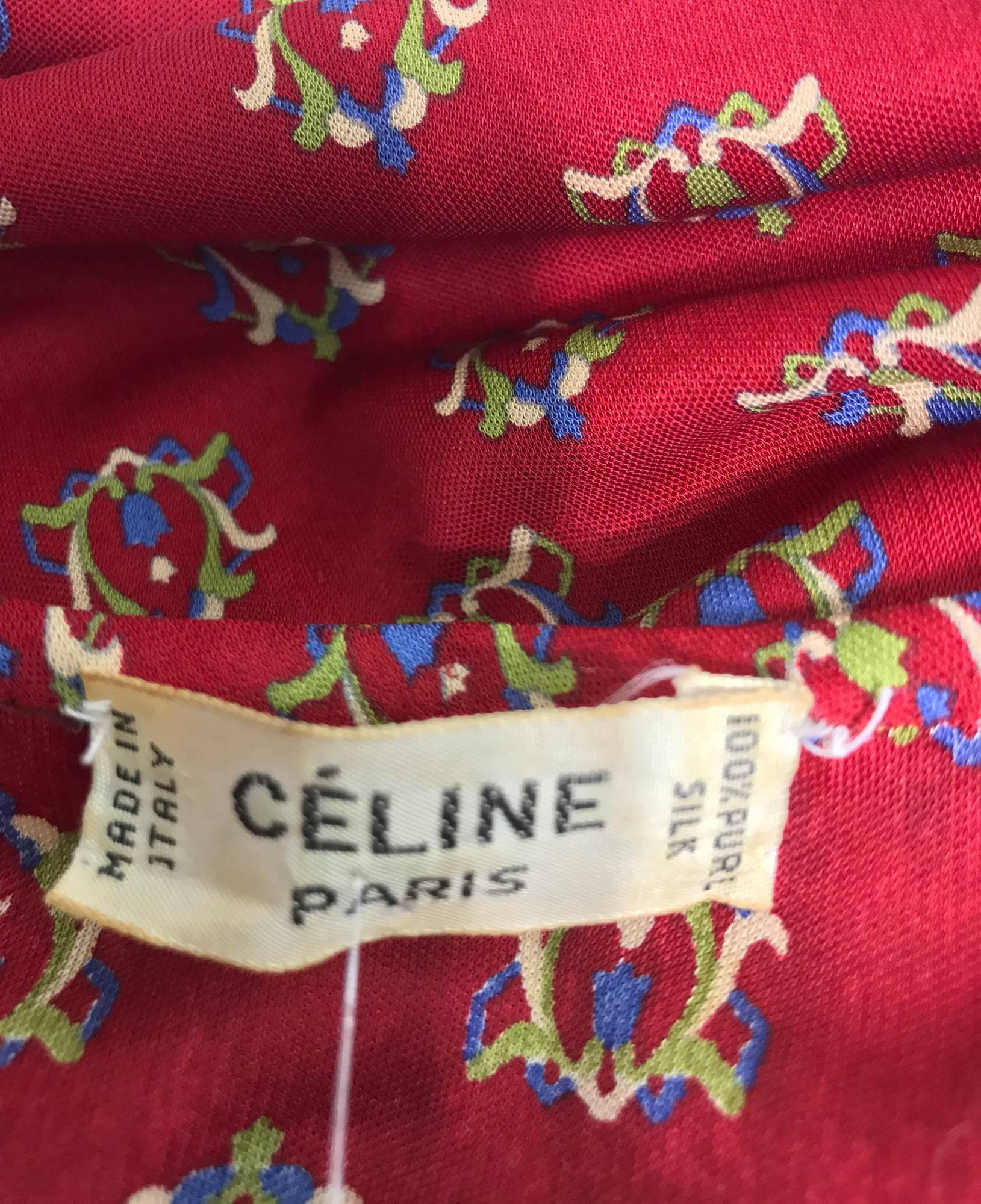Vintage Celine fine wine silk knit print button front dress and belt 1970s 5