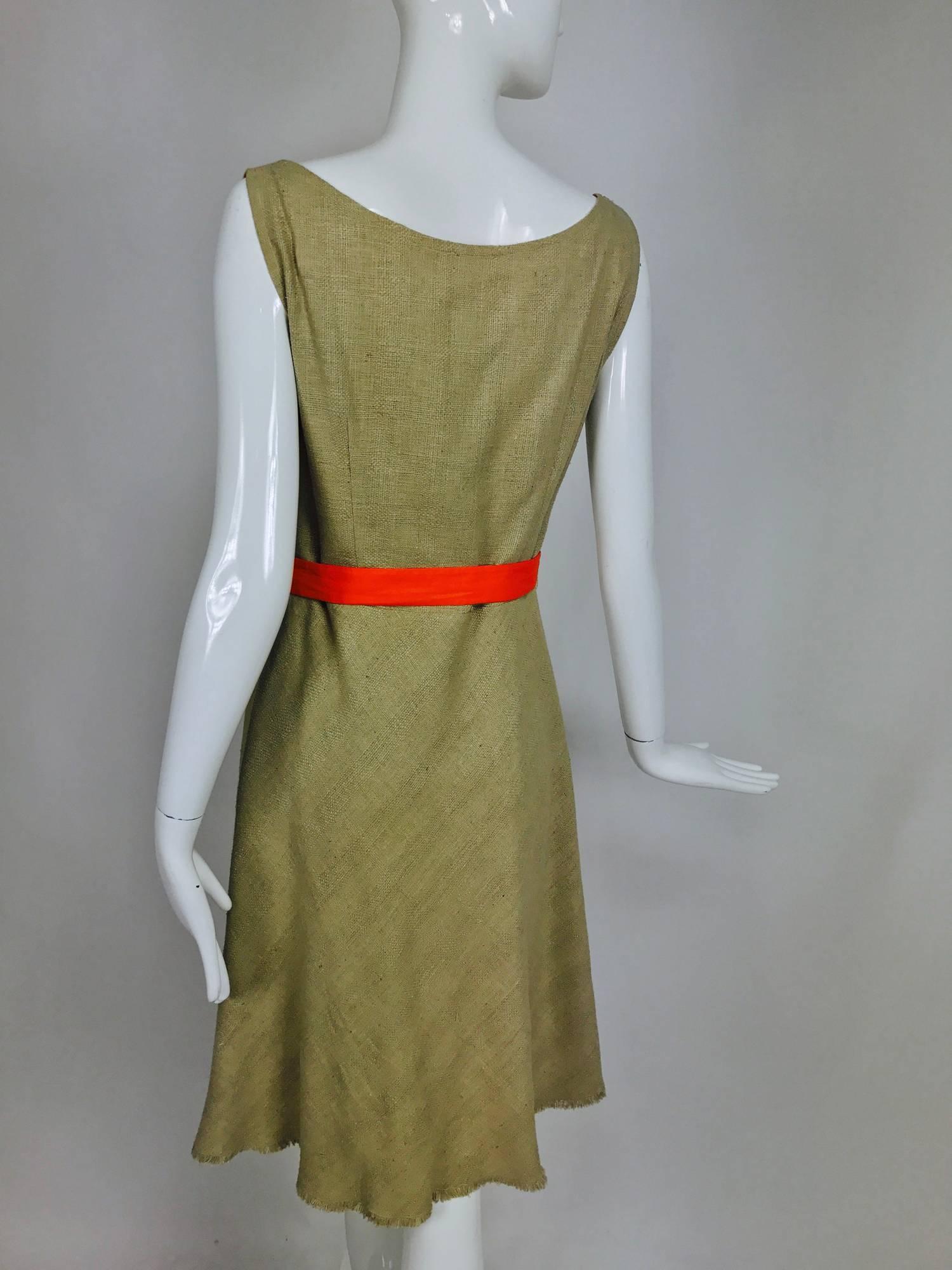 Brown Moschino natural silk linen shift dress with floral appliques and ribbon belt 