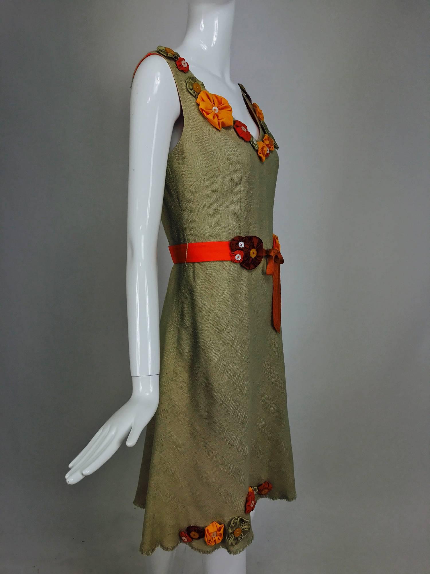 Moschino natural silk linen shift dress with floral appliques and ribbon belt  1
