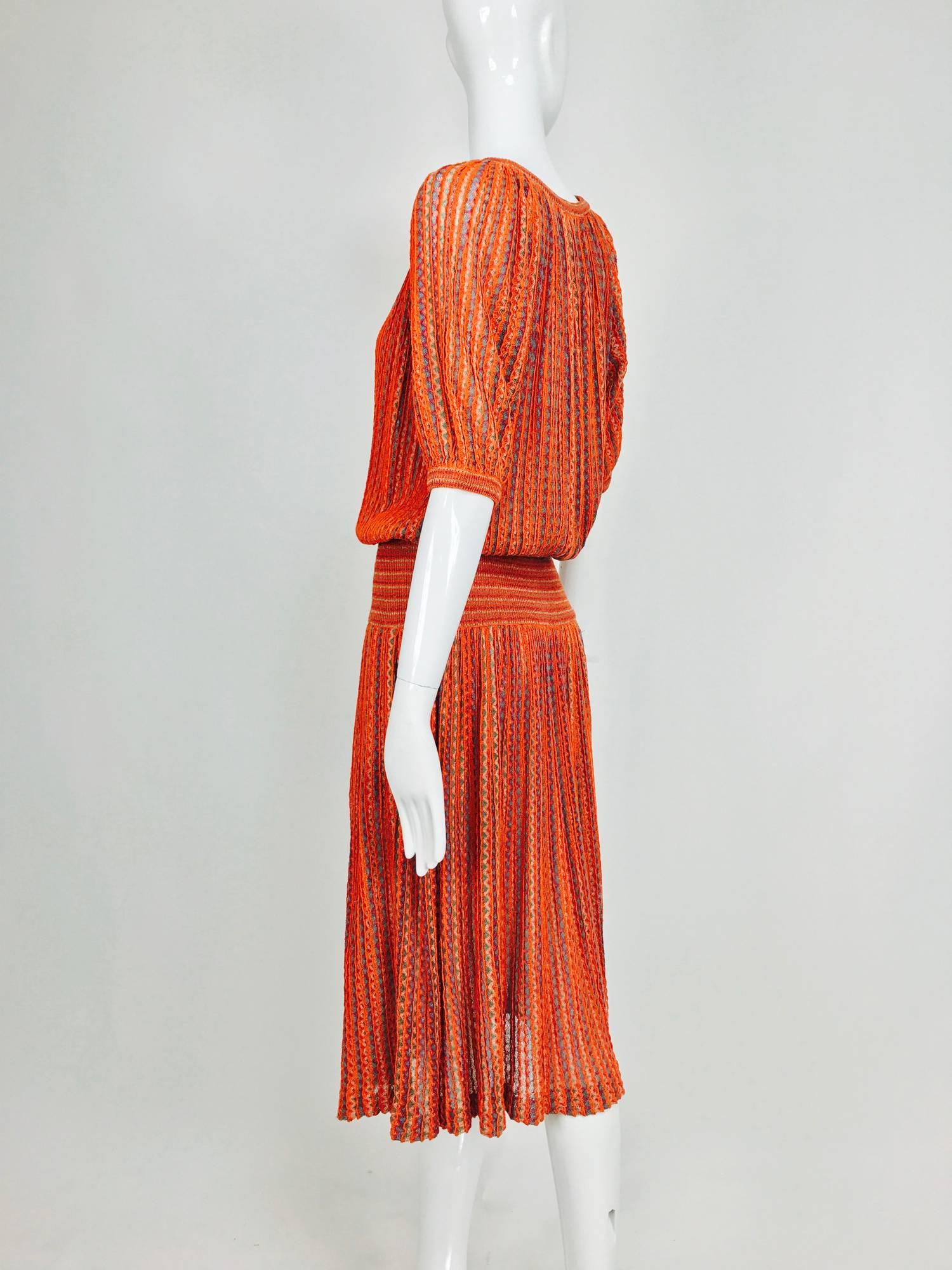 Orange Vintage Missoni linen knit peasant style smocked hip knit dress 1970s