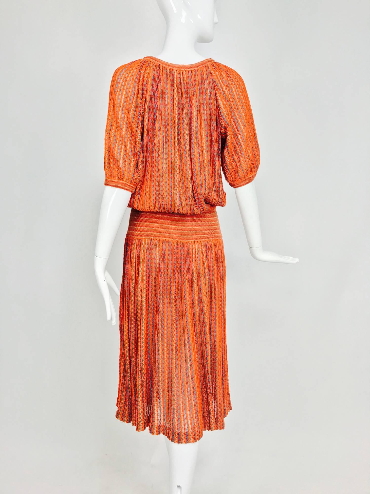 Women's Vintage Missoni linen knit peasant style smocked hip knit dress 1970s