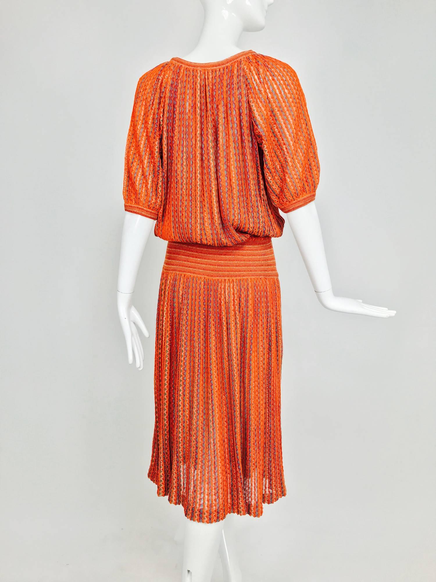 Vintage Missoni linen knit peasant style smocked hip knit dress 1970s 1