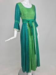 The Mirrors vintage aqua and green silk print maxi dress with white trim 1970s