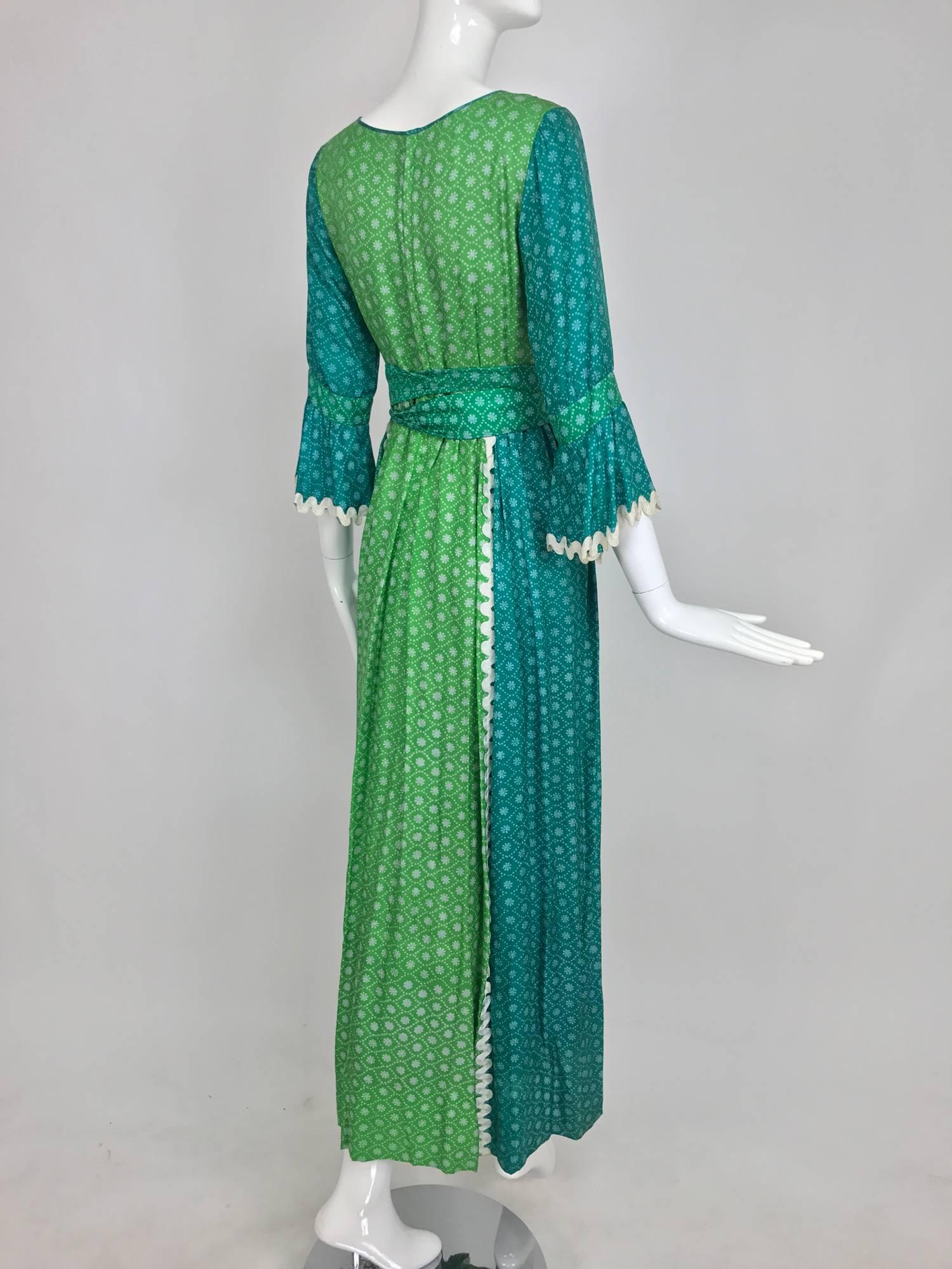 Blue The Mirrors vintage aqua and green silk print maxi dress with white trim 1970s For Sale